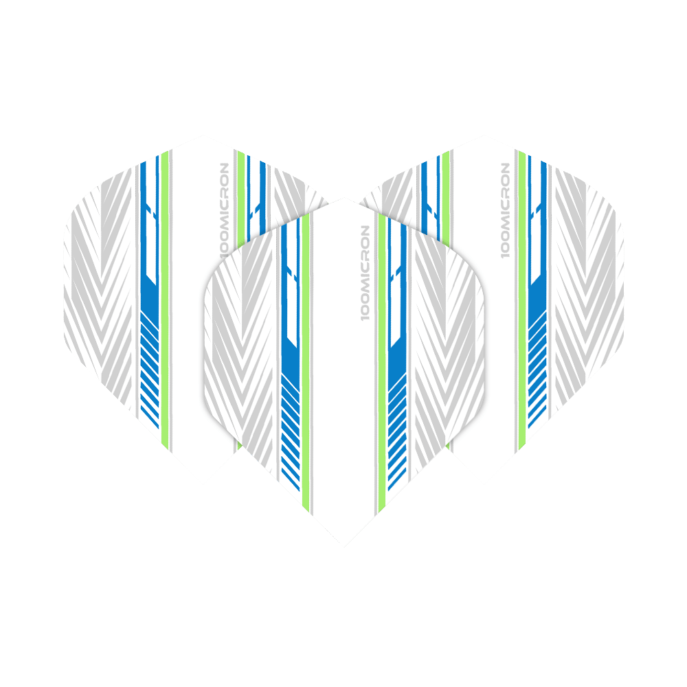 Pentathlon Flights white/blue/green Das Bild zeigt die "Pentathlon White Blue Green No2 Standard Flights" mit einem modernen Design in Weiß, Blau und Grün. Die Flights haben ein Muster aus Linien und Pfeilen sowie den Aufdruck "100 MICRON".
