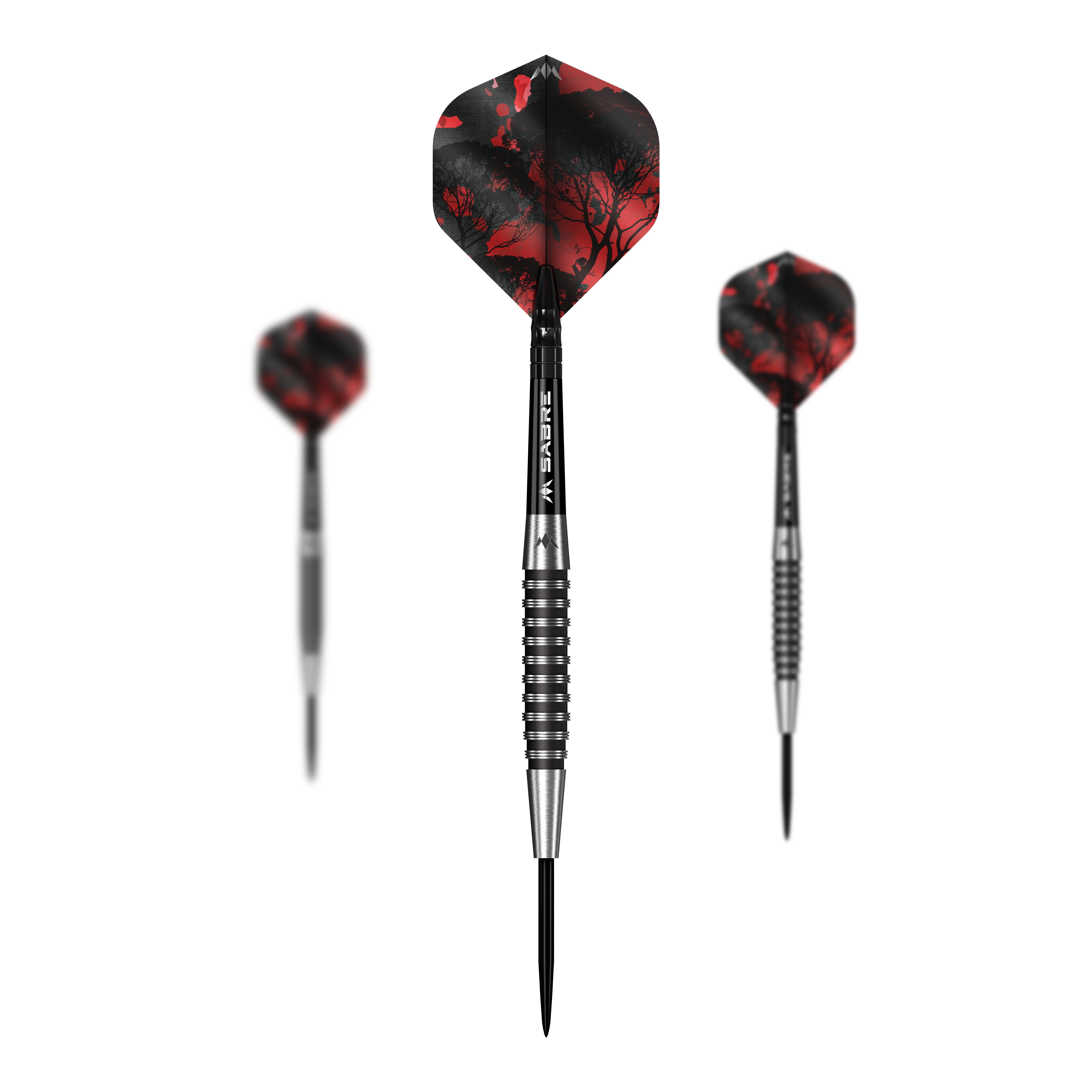 Auf diesem Bild sieht man das Set Mission Kunai Black PVD Steeldarts - 23g. Das Set besteht aus mehreren schwarzen Steeldarts mit einem Gewicht von 23 Gramm.