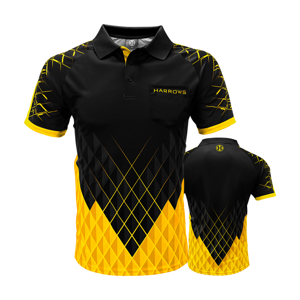 HRS-26517_Harrows_Paragon_Dartshirt_Gelb_0 Das Bild zeigt das Harrows Paragon Dartshirt in Gelb mit schwarzem und gelbem Rautenmuster. Auf der Vorderseite befindet sich ein Brusttasche mit dem Schriftzug "Harrows".