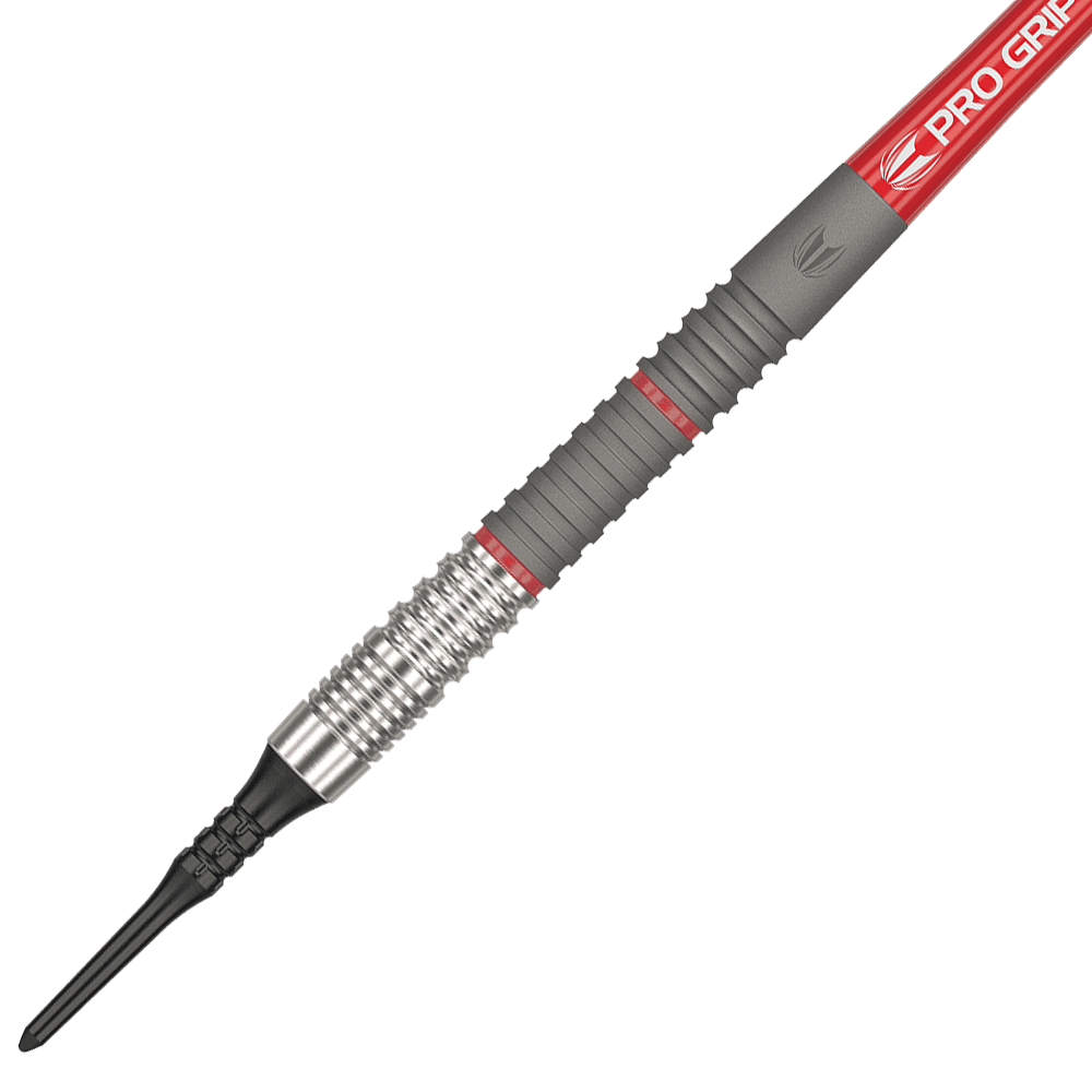 210302_Targer_Sync_11_Softdarts_2 Dies ist ein Softdartpfeil mit einer silbernen und grauen Griffzone sowie roten Akzenten. Die Spitze ist schwarz und aus Kunststoff.