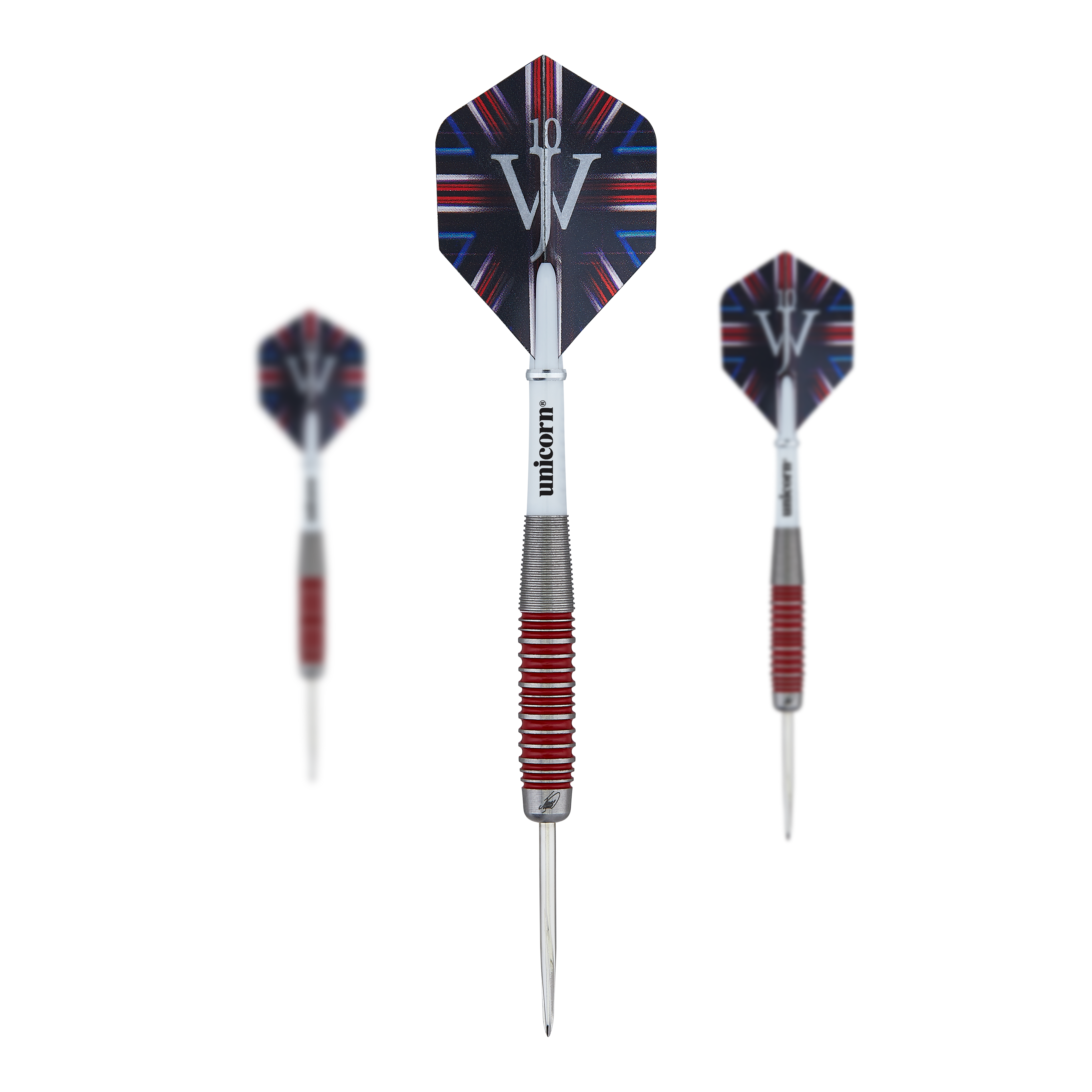 Das Bild zeigt drei Steeldarts des Produkts "Unicorn The Machine James Wade 90% Steeldarts". Die Darts haben rote und silberne Griffringe sowie Flights mit einem schwarz-blauen Muster und den Initialen "JW".