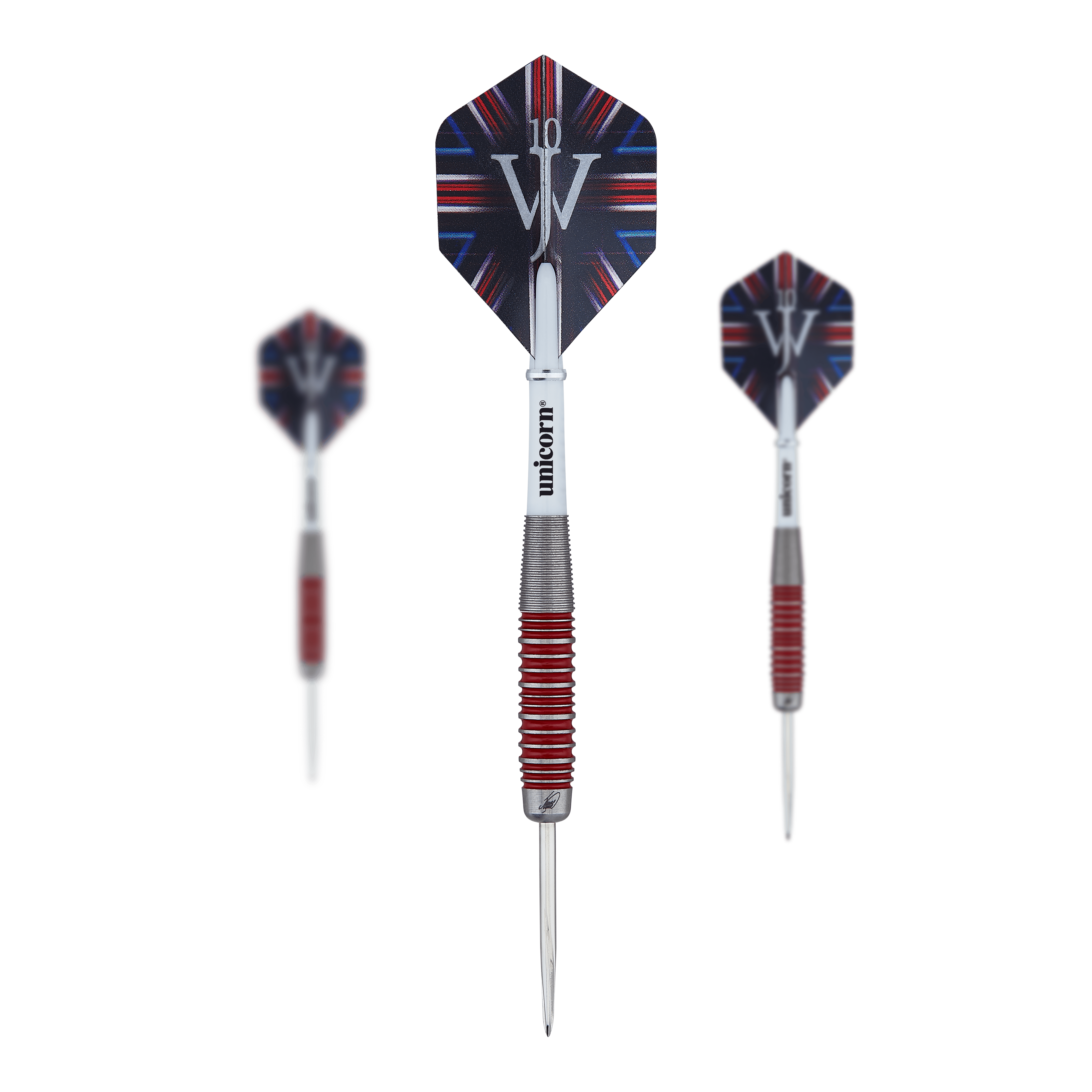 Unicorn The Machine James Wade 90% steel darts Das Bild zeigt drei Steeldarts des Produkts "Unicorn The Machine James Wade 90% Steeldarts". Die Darts haben rote und silberne Griffringe sowie Flights mit einem schwarz-blauen Muster und den Initialen "JW".