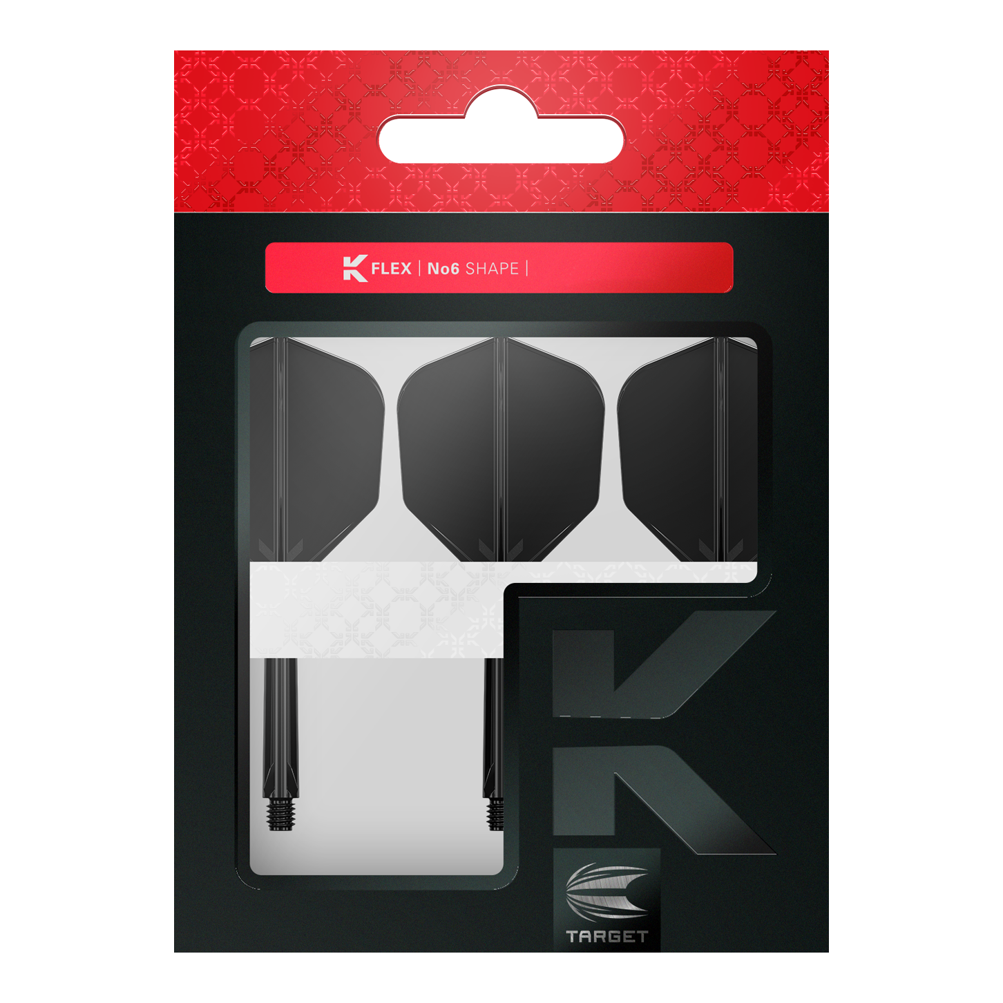 Target K-Flex No6 Flight System - Black Das Bild zeigt eine Verpackung mit drei schwarzen Dartflights und Schäften von Target. Oben auf der Packung steht "K FLEX | No6 SHAPE".