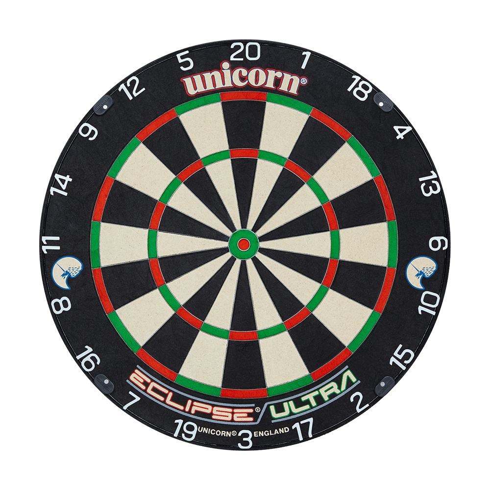 Unicorn Eclipse Ultra steel dartboard Das Bild zeigt eine Steeldart-Scheibe mit dem Namen "Unicorn Eclipse Ultra". Die Scheibe hat farbige Markierungen in Schwarz, Weiß, Rot und Grün sowie deutlich sichtbare Zahlen.