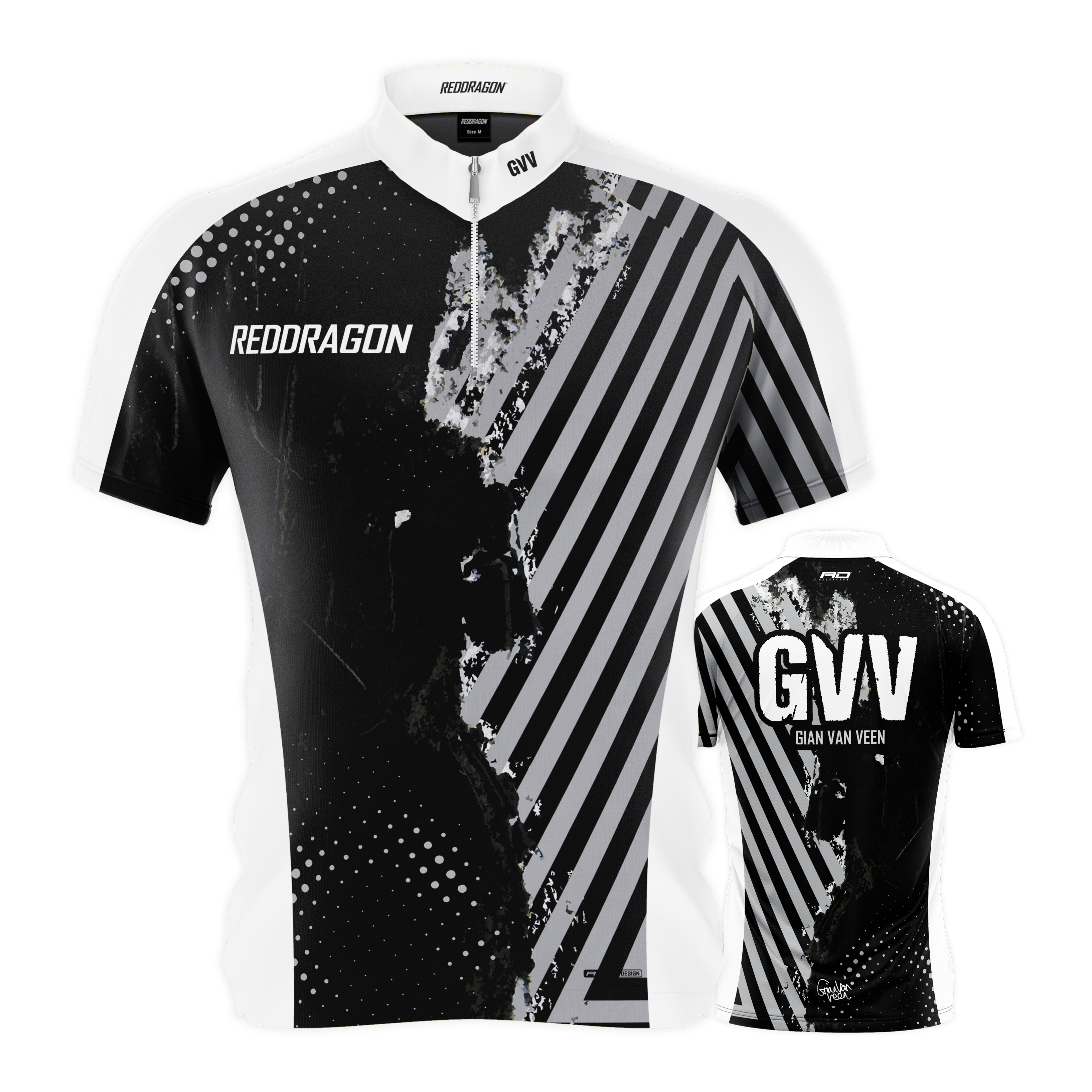 Red Dragon Gian Van Veen Limited Edition Dartshirt wird auf dem Foto gezeigt. Es ist ein speziell entworfenes Dartshirt als Sammlerstück.