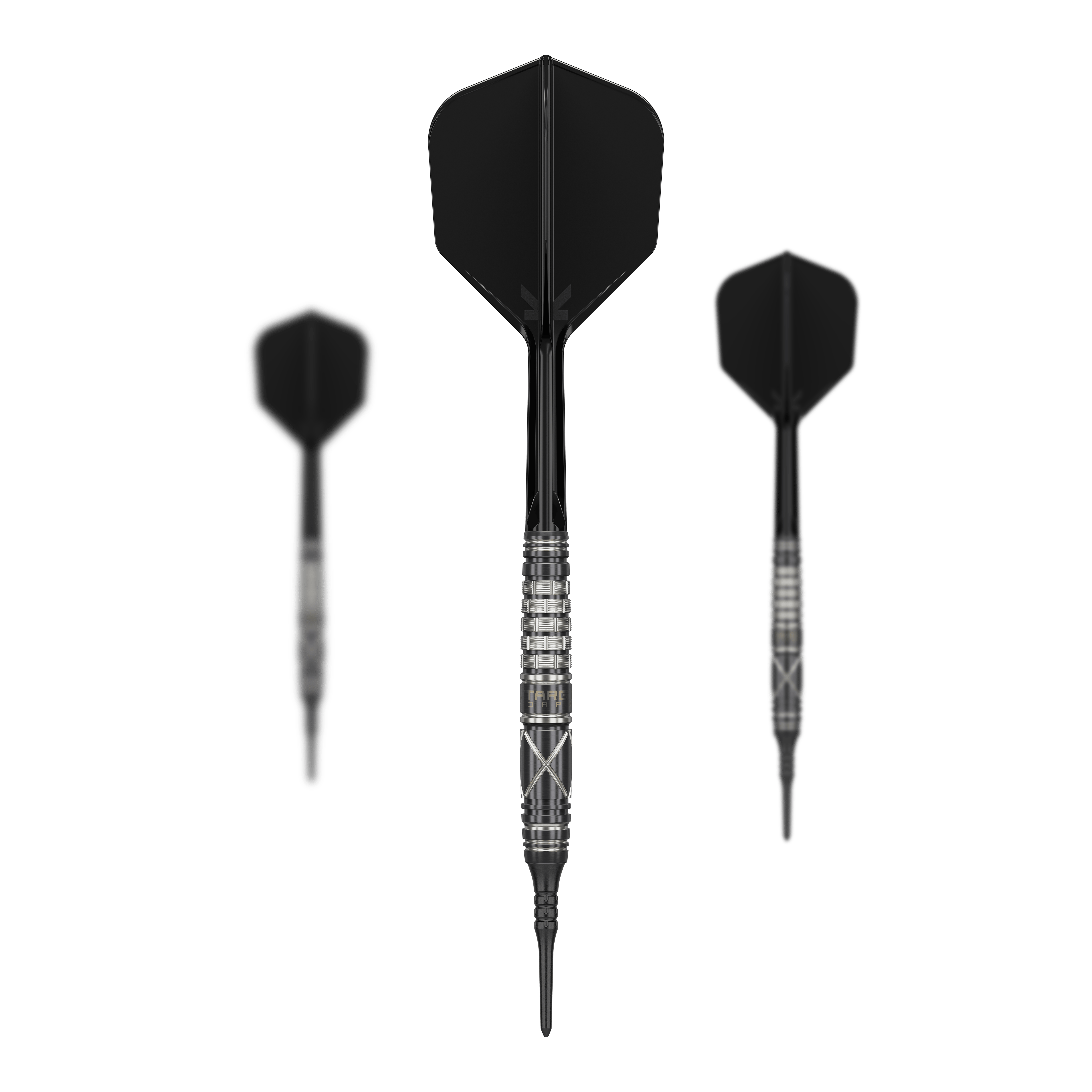 Target Japan Black Marque Chaos 2 Soft Darts - 19g Das Bild zeigt drei schwarze Softdarts mit silbernen Ringen und markantem Design. Die Darts sind das Modell "Target Japan Black Marque Chaos 2" mit einem Gewicht von 19 Gramm.