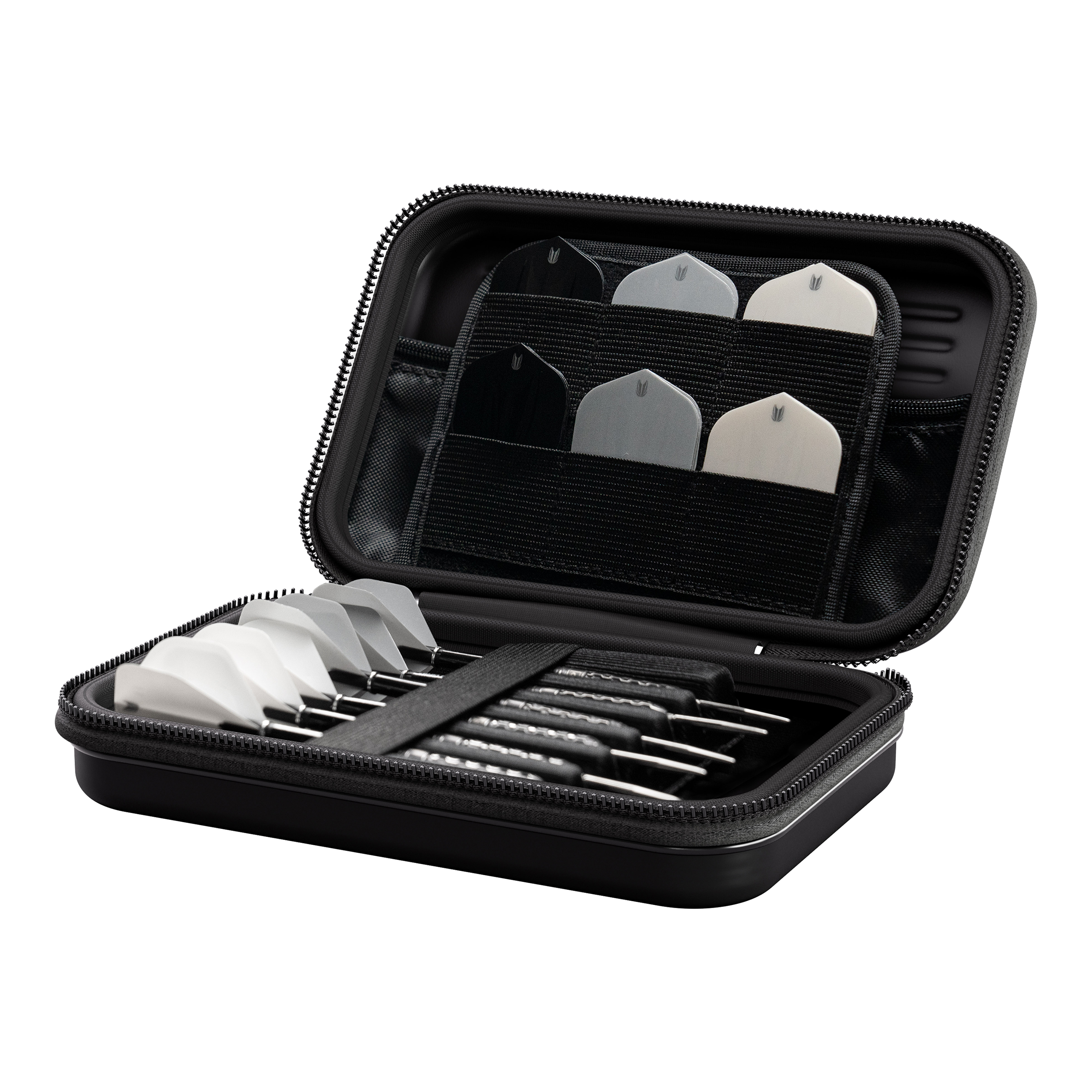 Target Takoma Luke Littler XL dart case Das Bild zeigt das Produkt "Target Takoma Bolide XL Dartcase". In dem geöffneten Etui sind mehrere Dartpfeile und Ersatzflights ordentlich verstaut.