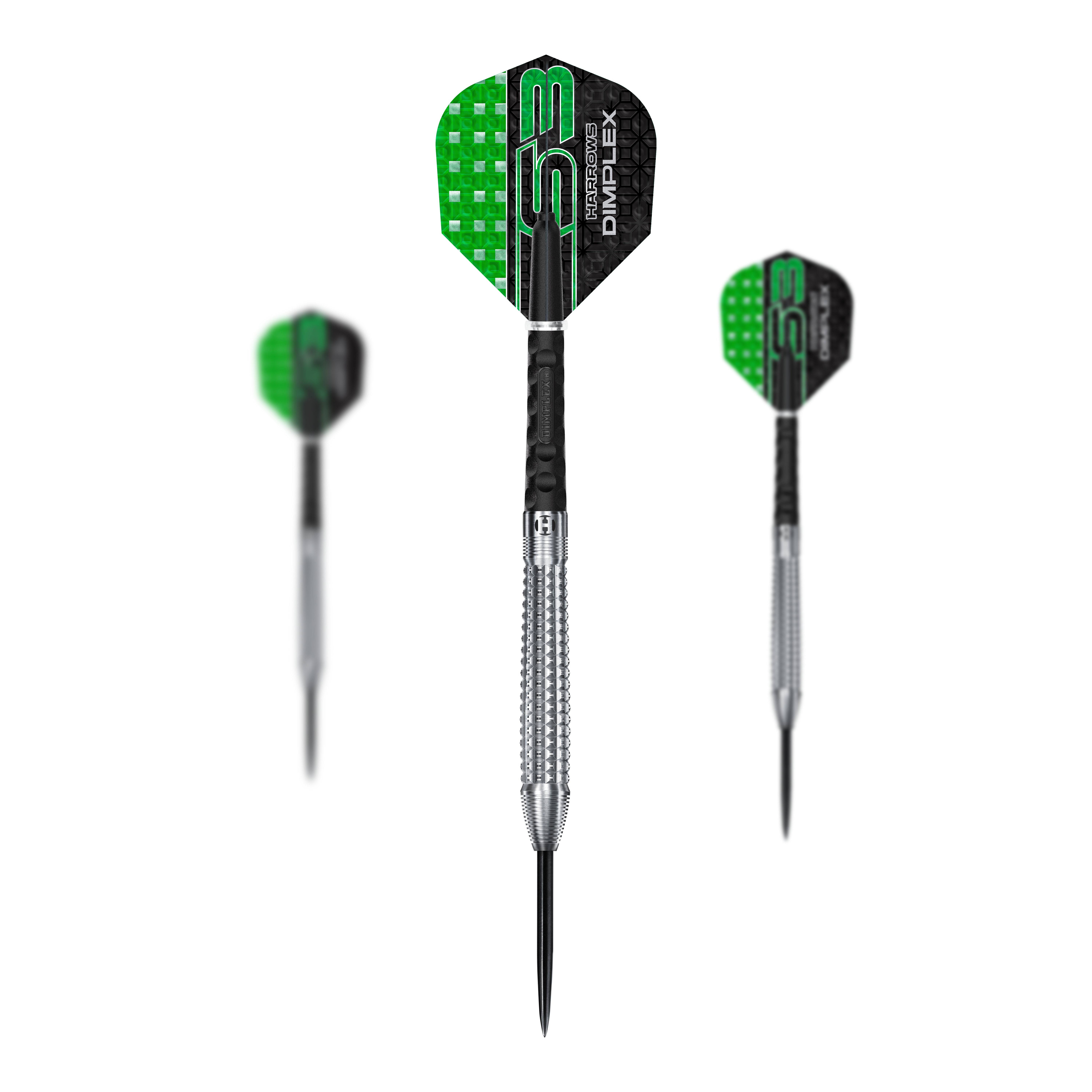 Harrows Dimplex S3 Tapered Steel Darts Das Bild zeigt drei Steeldarts der Marke "Harrows Dimplex S3 Tapered". Die Flights sind schwarz-grün und die Barrel sind silberfarben mit einer geriffelten Struktur.