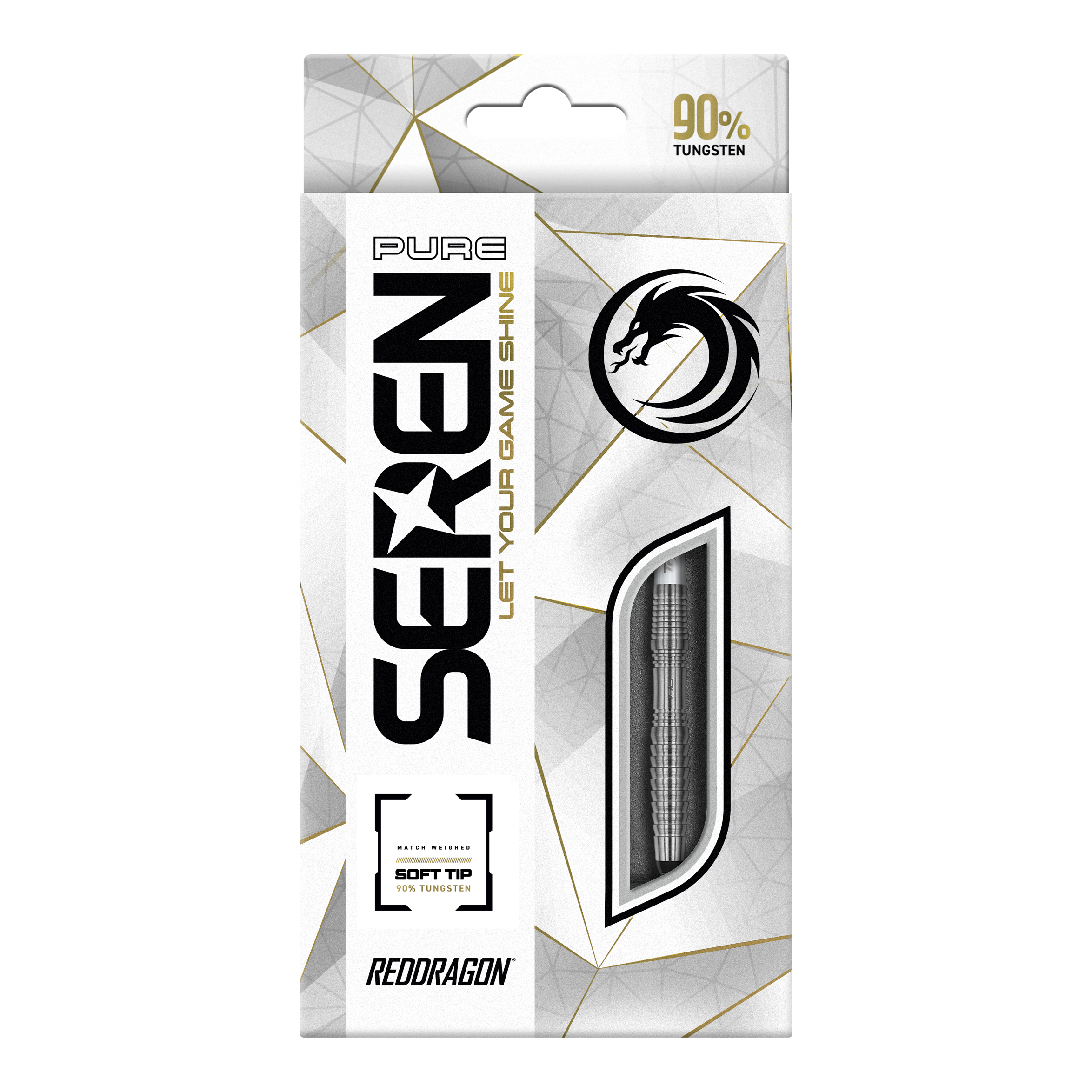 Red Dragon Seren 3 Pure Softdarts - 20g Die Abbildung zeigt die Verpackung der "Red Dragon Seren 3 Pure Softdarts - 20g". Auf der Vorderseite steht, dass die Darts 90% Tungsten enthalten und für Soft-Tip geeignet sind.