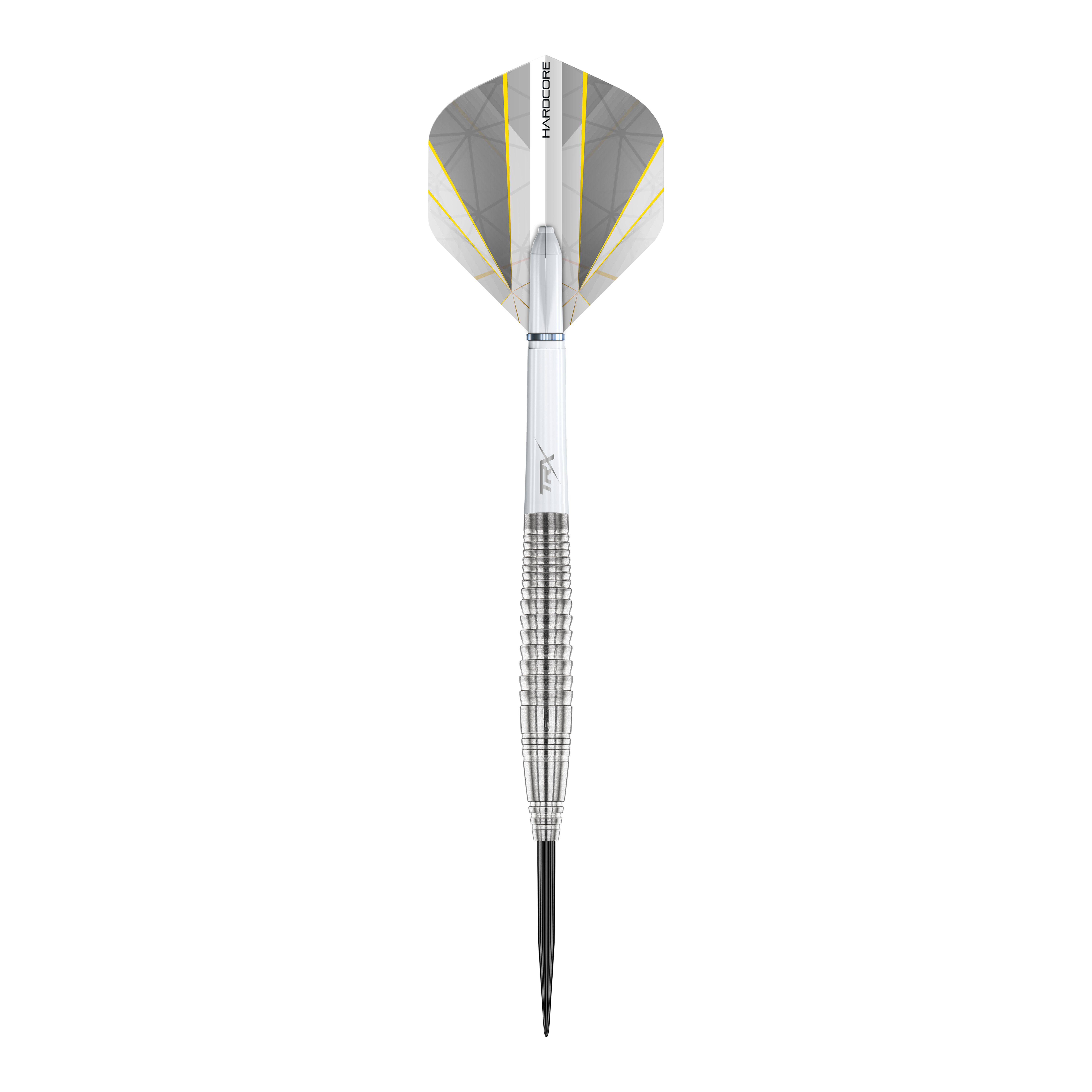 Red Dragon Seren 4 Pure Steeldarts Das Bild zeigt einen Red Dragon Seren 4 Pure Steeldart. Der Dartpfeil ist silberfarben mit einem geriffelten Griff und weißen, gelb-grauen Flights.