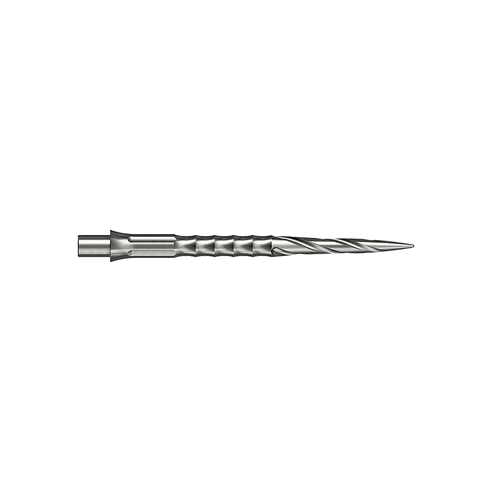 Caliburn System steel dart tips - Spiro - NoLip - silver Zwei silberne Steeldartspitzen werden gezeigt. Sie sind 32 mm lang und gehören zum Spiro NoLip Design.