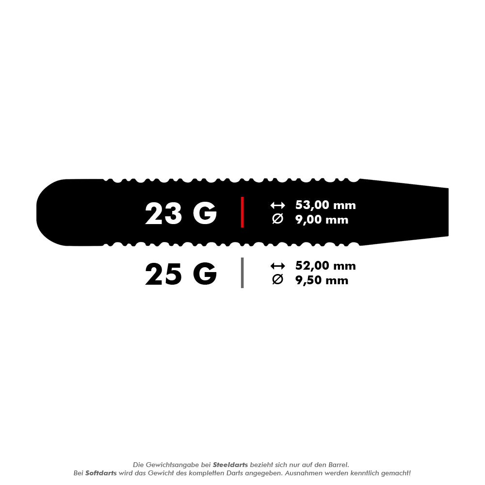 27661_Unicorn_Black_Brass_Gary_Anderson_V1_Steeldarts_5_23g Das Bild zeigt die Maße der Unicorn Black Brass Gary Anderson V1 Steeldarts. Die Darts sind in 23 g mit 53 mm Länge und 9 mm Durchmesser sowie in 25 g mit 52 mm Länge und 9,5 mm Durchmesser erhältlich.