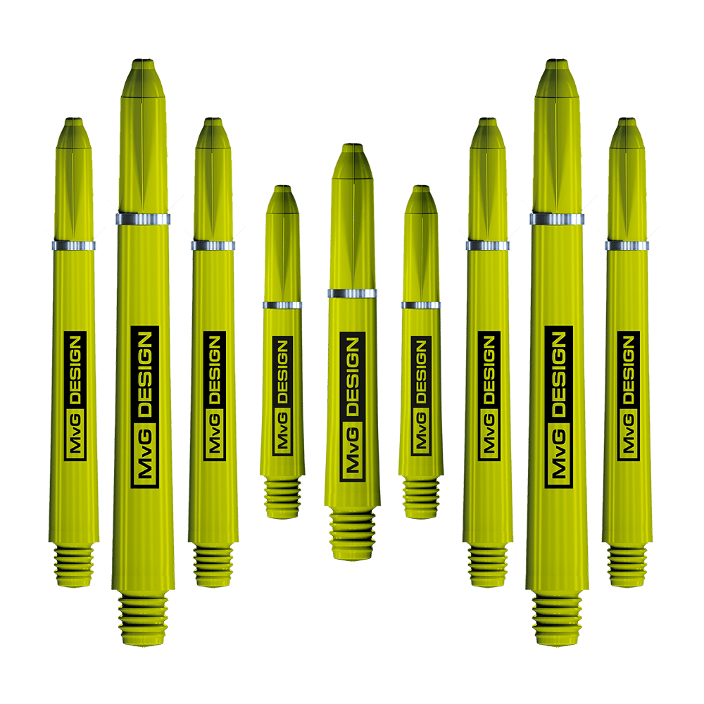 8125_Winmau_MvG_Signature_Shaft_Collection_2 Das Bild zeigt die "Winmau MvG Signature Shaft Collection", eine Sammlung von gelben Dartschäften. Auf jedem Schaft steht "MvG DESIGN" in schwarzer Schrift.