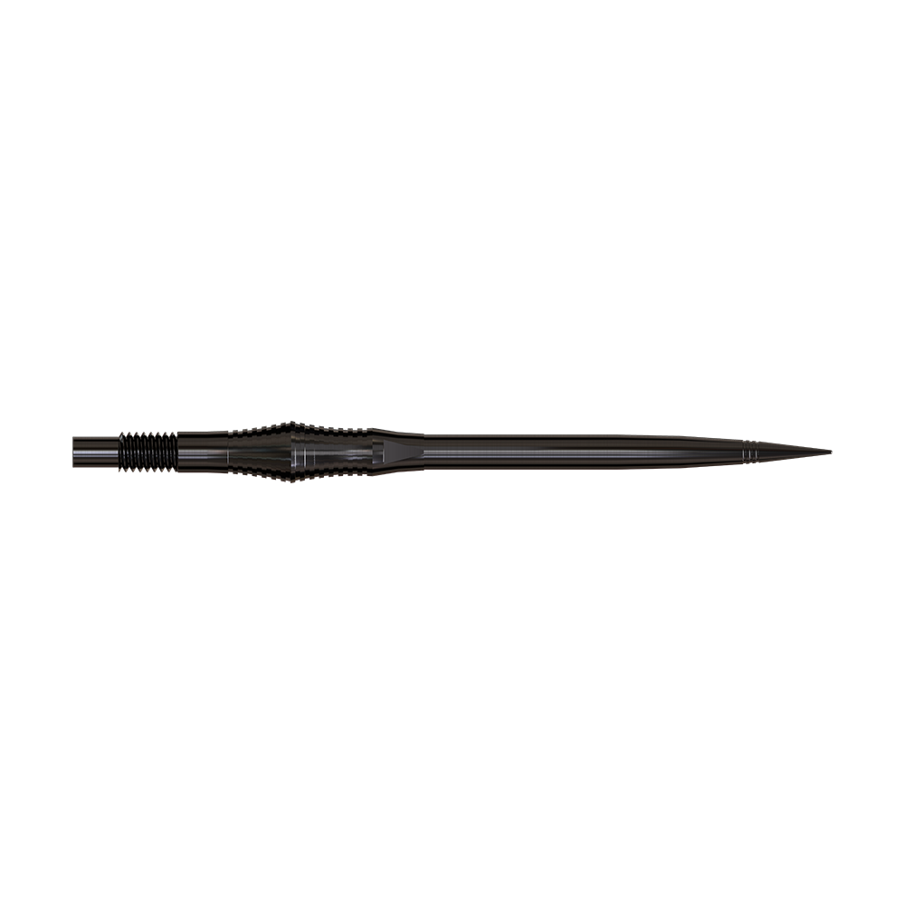Dartspitzen der Spire Black Elite Serie sind zu sehen. Sie sind schlank und dunkel.