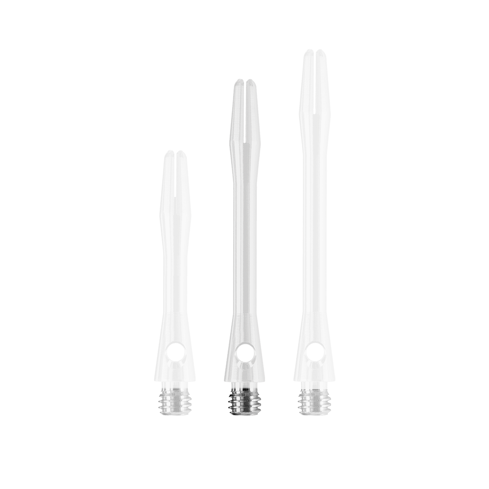 HR373_Harrows_Keramic_Shafts_Weiss_41mm_1 Das Bild zeigt drei weiße Harrows Keramic Shafts in unterschiedlichen Längen. Sie haben einen Metallgewindeanschluss am unteren Ende.