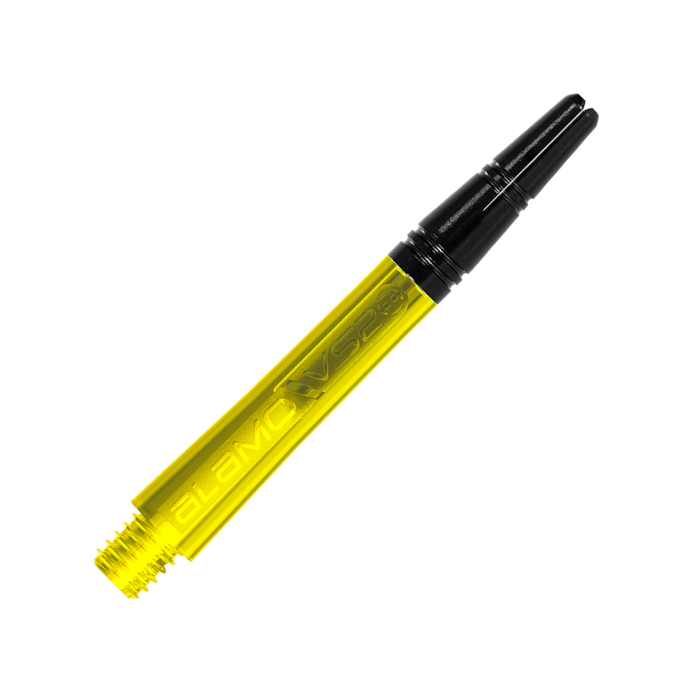 Harrow's Alamo VS2 Shafts - Yellow Das Bild zeigt einen gelben Dart-Schaft mit der Aufschrift "ALAMO VS2". Der Hintergrund besteht aus diagonalen gelben und grauen Linien.