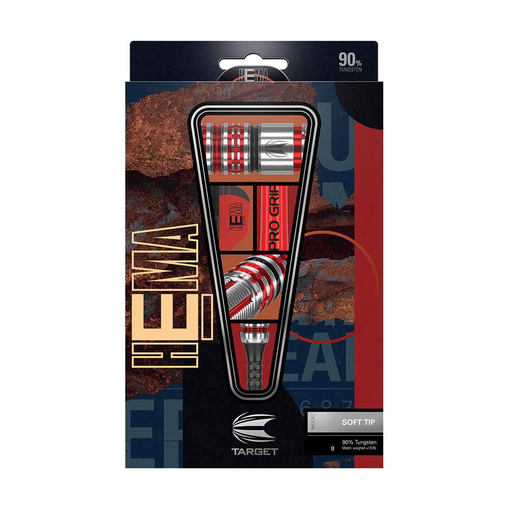 210094_Target_Hema_10_Softdarts_3 Die Abbildung zeigt die Verpackung der "Target Hema 10 Softdarts". Die Darts bestehen zu 90% aus Tungsten und haben ein modernes, rot-silbernes Design.