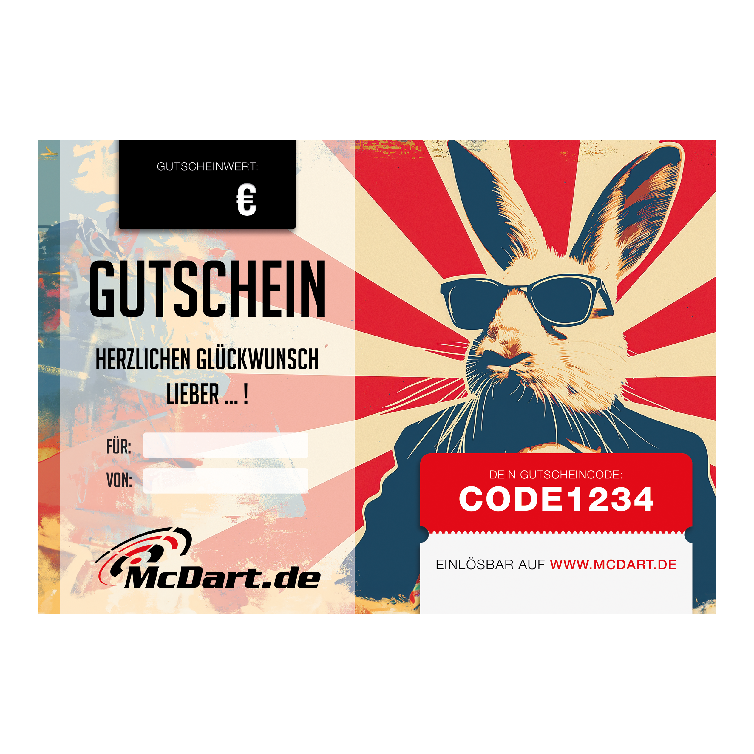 Easter voucher Das Bild zeigt einen Oster-Gutschein von McDart.de mit einem coolen Hasen mit Sonnenbrille. In der Mitte steht „Gutschein“ und rechts ist ein Feld für den Gutscheincode.