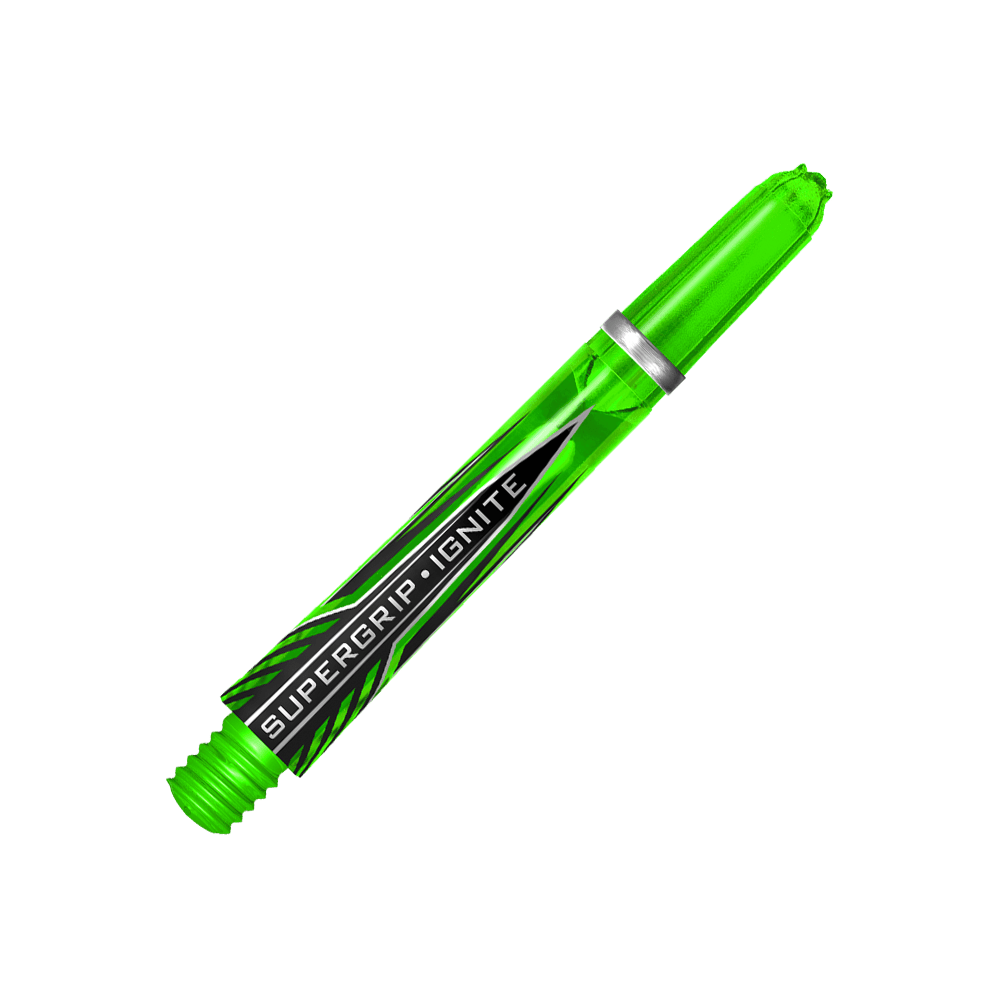 HR390_Harrows_Supergrip_Ignite_Shafts_Gr-n_40mm_2 Das Bild zeigt einen grünen Harrows Supergrip Ignite Shaft für Darts. Der Hintergrund ist in kräftigen Grüntönen gehalten und hebt das Produkt hervor.