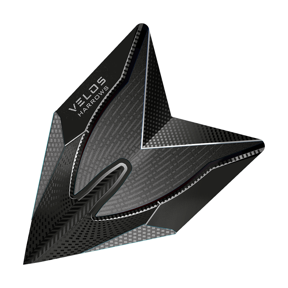 HR1014_Harrows_Smokey_2020_Velos_Flights_1 Dies ist ein Harrows Smokey Velos Flight für Darts. Das Flight hat ein modernes, schwarzes Design mit grafischen Mustern.