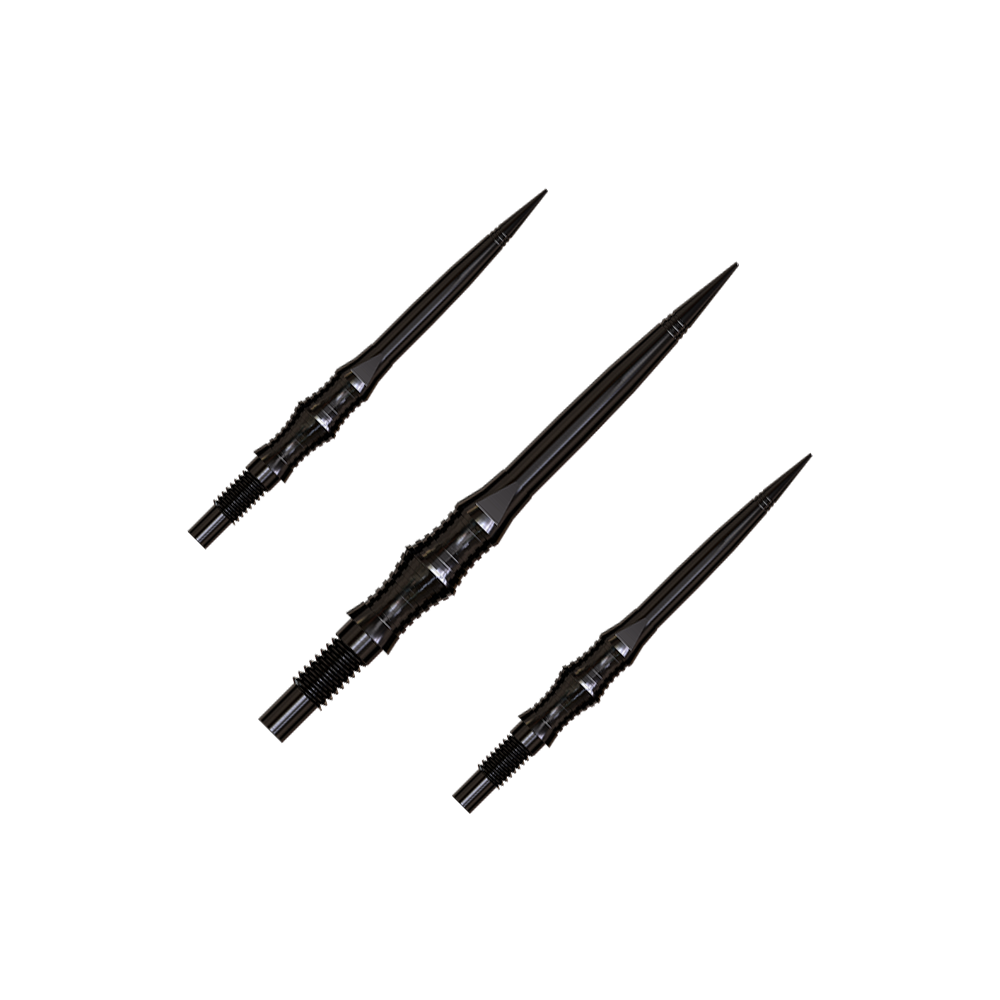 Harrows Quick Point Apex Spire Elite Series Dartspitzen - Schwarz Apex Spire Black Elite Serie Dartspitzen in 30mm sind abgebildet. Sie sind dunkel und schlank.
