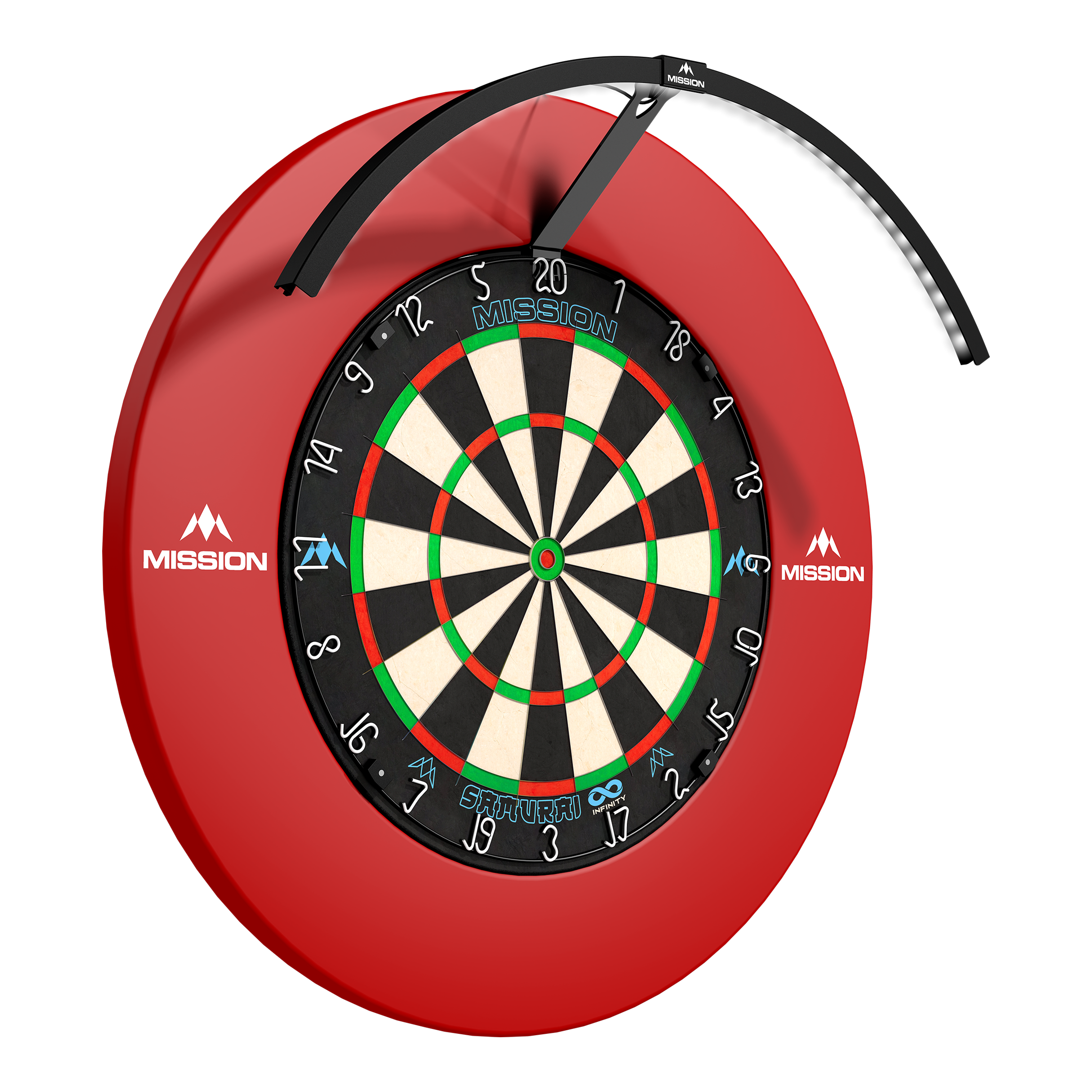 Das Foto zeigt das Mission Torus 120 LED Beleuchtungssystem in schwarzer Farbe. Das Produkt ist für eine gleichmäßige Ausleuchtung des Dartboards konzipiert.