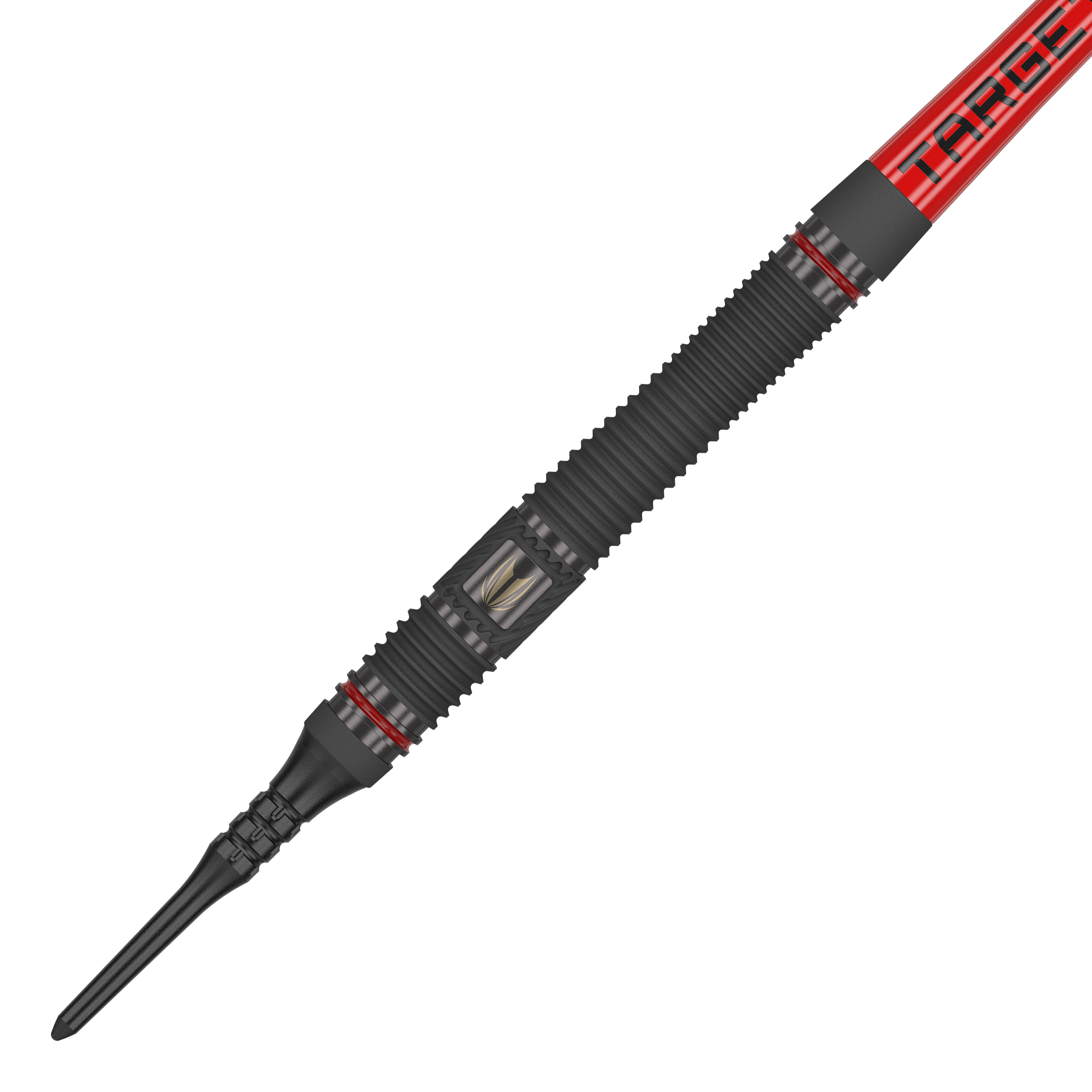 Target Scope 11 Soft Darts Das Bild zeigt einen Target Scope 11 Softdart. Der Dartpfeil ist überwiegend schwarz mit roten Akzenten und einer geriffelten Oberfläche für besseren Halt.