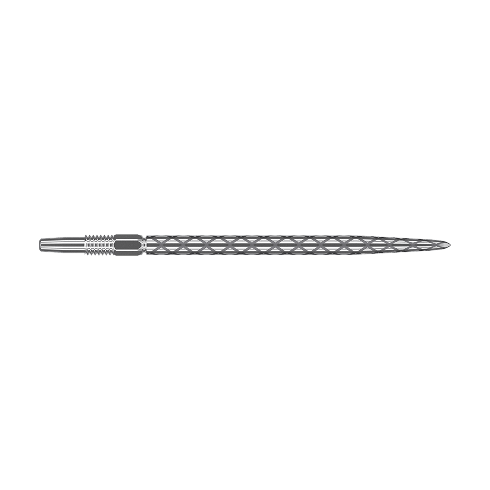 Target Swiss Diamond Pro Silver Points dart tips Das Bild zeigt eine silberne Dartspitze mit einem rautenförmigen Muster auf der Oberfläche. Sie ist lang und schmal gestaltet und besitzt ein Schraubgewinde am hinteren Ende.