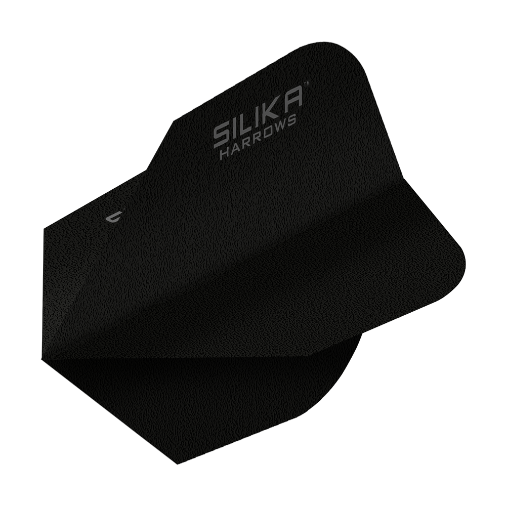 Harrows Silica Solid Tough Crystalline Coating Black No6 Flight Das Bild zeigt ein schwarzes Dartflight mit der Aufschrift "SILIKA HARROWS". Es handelt sich um das Modell "Harrows Silika Solid Tough Crystalline Coating Black No6 Flight".