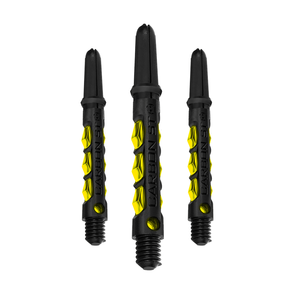 HR420_Harrows_Carbon_ST_Shafts_Gelb_40mm_1q7Ps4EtyYGU3s Das Bild zeigt drei Harrows Carbon ST Shafts in Gelb. Die Dartschäfte sind schwarz mit gelben Akzenten und haben eine auffällige, strukturierte Oberfläche.