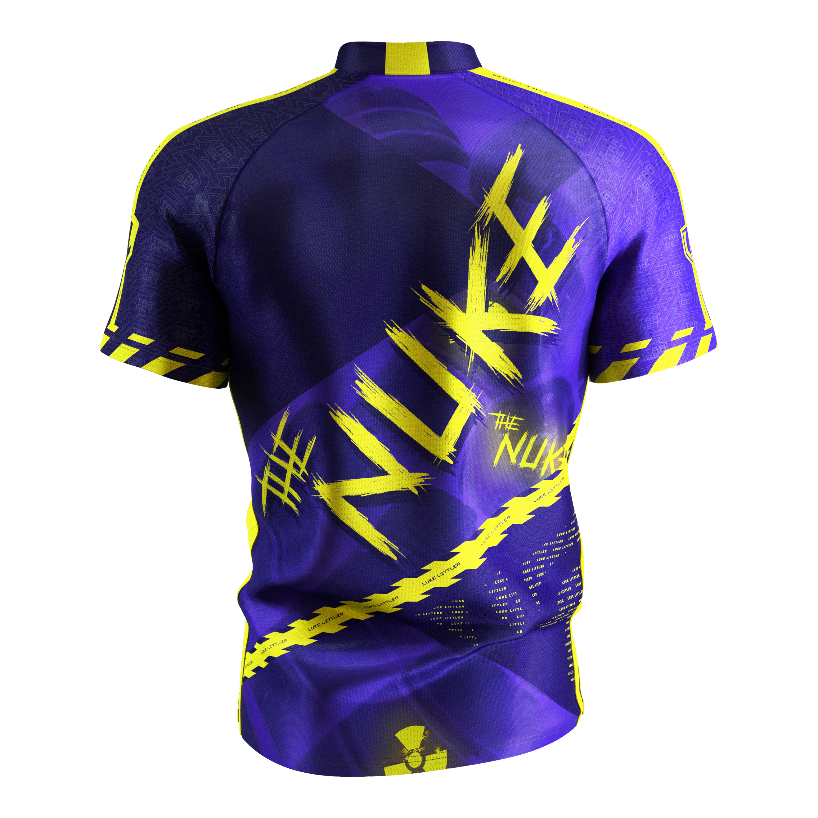 Target Coolplay Luke Littler 2025 dart shirt Das Bild zeigt das „Target Coolplay Luke Littler 2025 Dartshirt“ von hinten. Das Shirt ist überwiegend lila mit auffälligen gelben Designs und dem Schriftzug „NUKE“ auf dem Rücken.