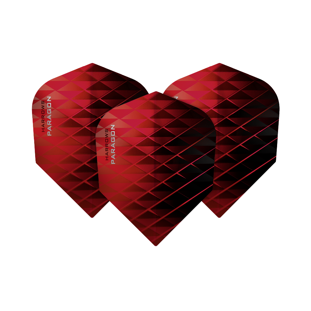 HR7602_Harrows_Paragon_Red_No2_Standard_Flights_1yHeWdFm7cQRUB Das Bild zeigt drei rote Dart-Flights mit einem geometrischen Muster. Auf den Flights steht der Schriftzug "Harrows Paragon".