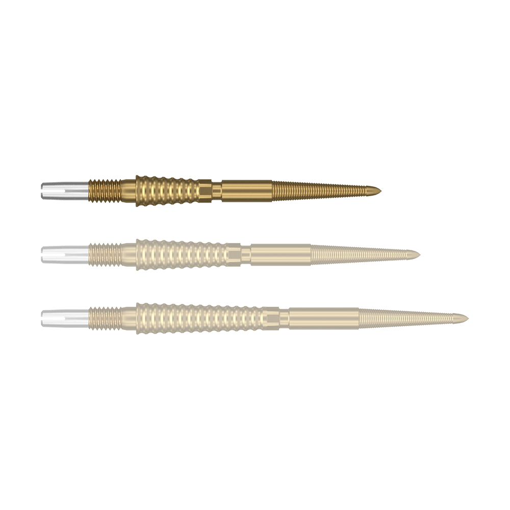Target Swiss Storm LNC dart tips - gold Das Bild zeigt drei goldene Dartspitzen, die nebeneinander angeordnet sind. Die Spitzen haben einen strukturierten Griffbereich und silberne Endstücke.
