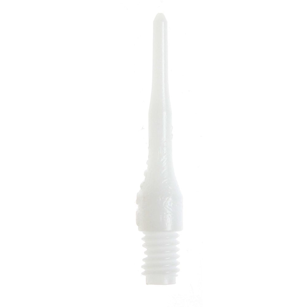 Evo-Long-Spitze-Weiss Das Bild zeigt eine einzelne weiße Kunststoffspitze mit Gewinde. Es handelt sich um das Produkt "Evolution LONG-Spitzen (500er Pack)".