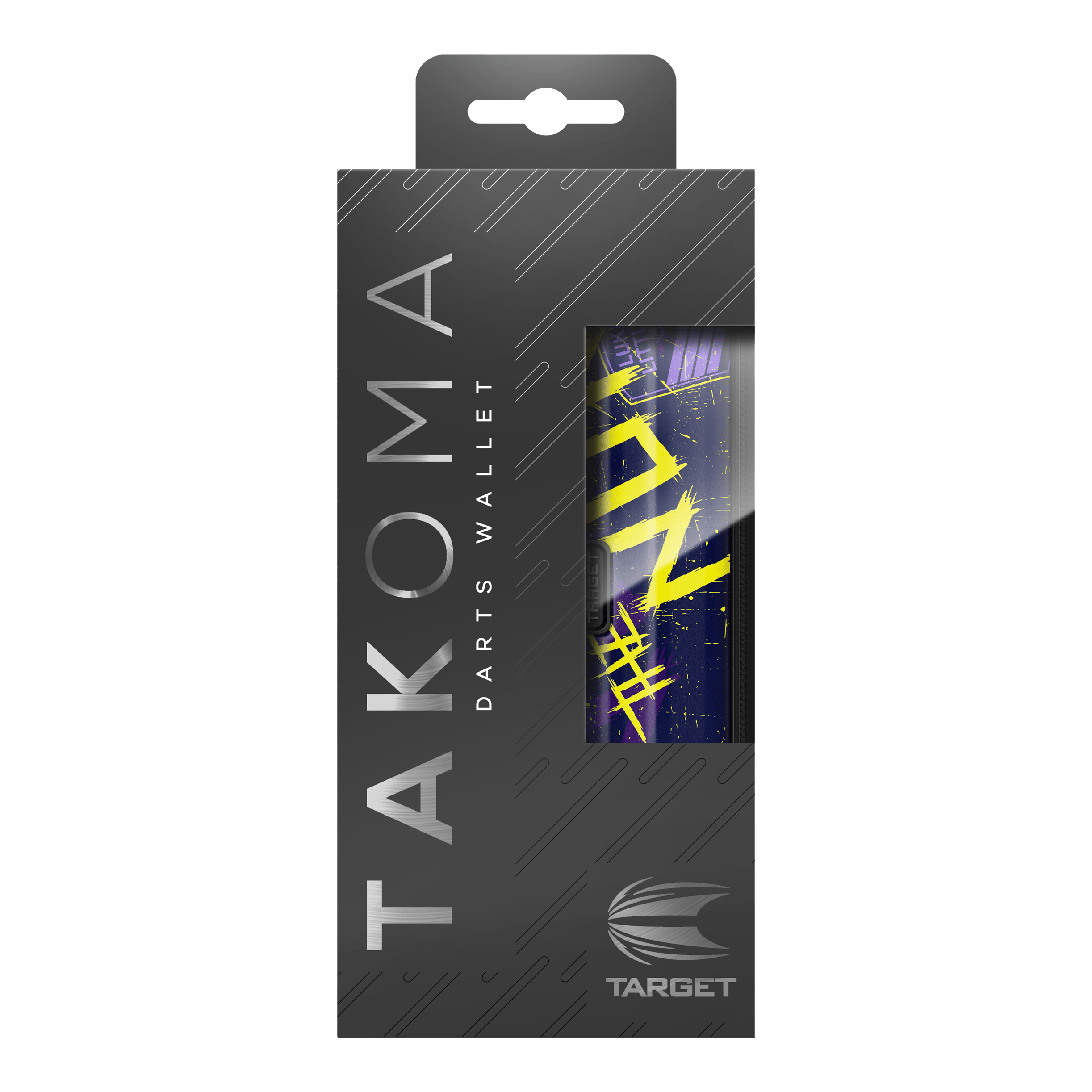 Target Takoma Luke Littler dart case Die Abbildung zeigt die Verpackung des "Target Takoma Luke Littler Dartcase". Die Schachtel ist überwiegend schwarz mit silberner Schrift und einem Sichtfenster, das einen Teil des Dartcase-Designs zeigt.