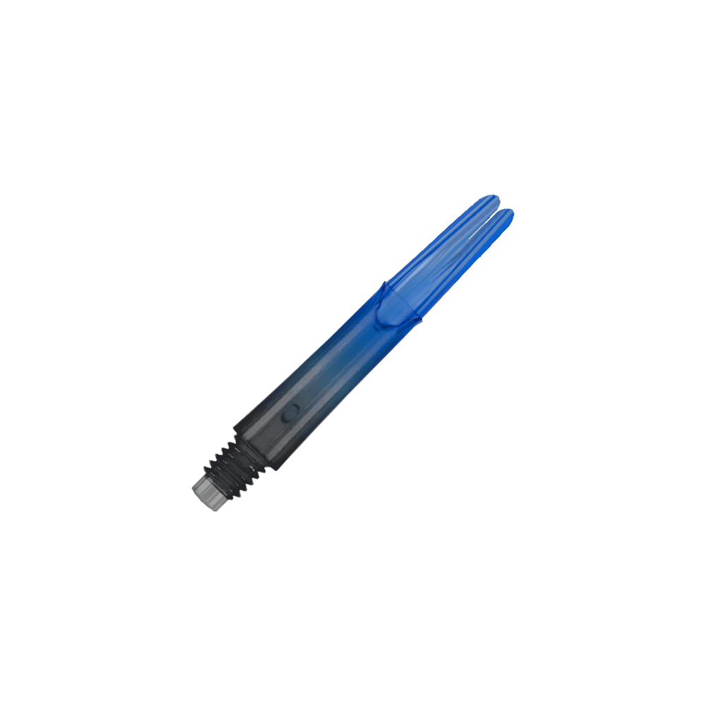 L-L-Style-Shaft Locked Straight Natural9 TwoTone Shafts - Blue Auf dem Bild ist ein blauer, transparenter Dart-Schaft zu sehen. Der Schaft hat ein gerades Design und ein schwarzes Gewinde am unteren Ende.