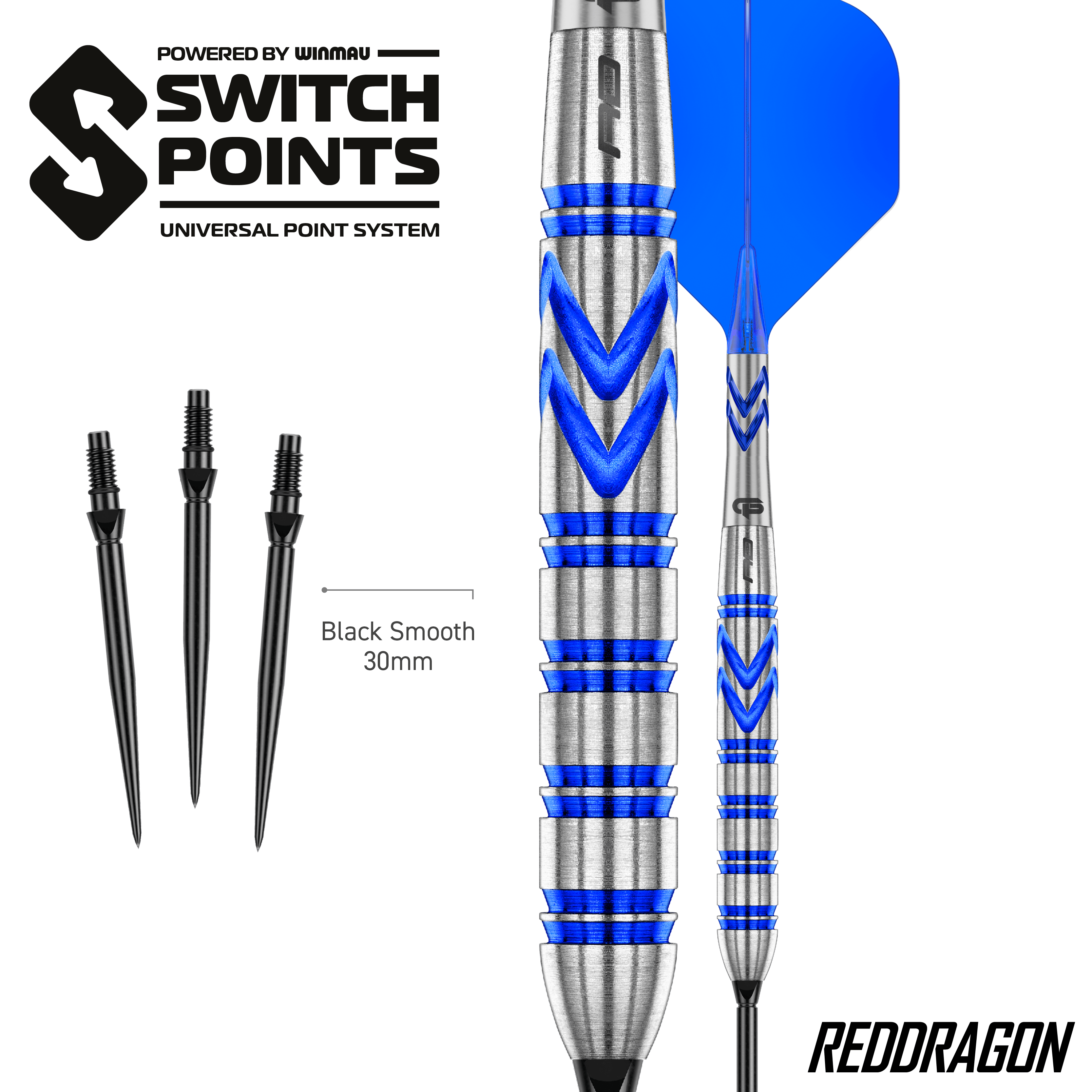 Die Red Dragon Gerwyn Price Blue Original Switch Point Steeldarts werden präsentiert. Sie zeichnen sich durch ihr markantes blaues Design aus.
