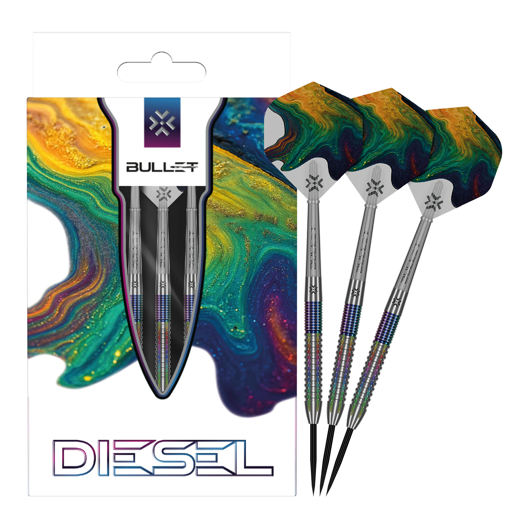 Dies ist ein Bild der Bullet Diesel V2 Steel Darts. Die Darts sind für den Einsatz beim Steeldart geeignet.