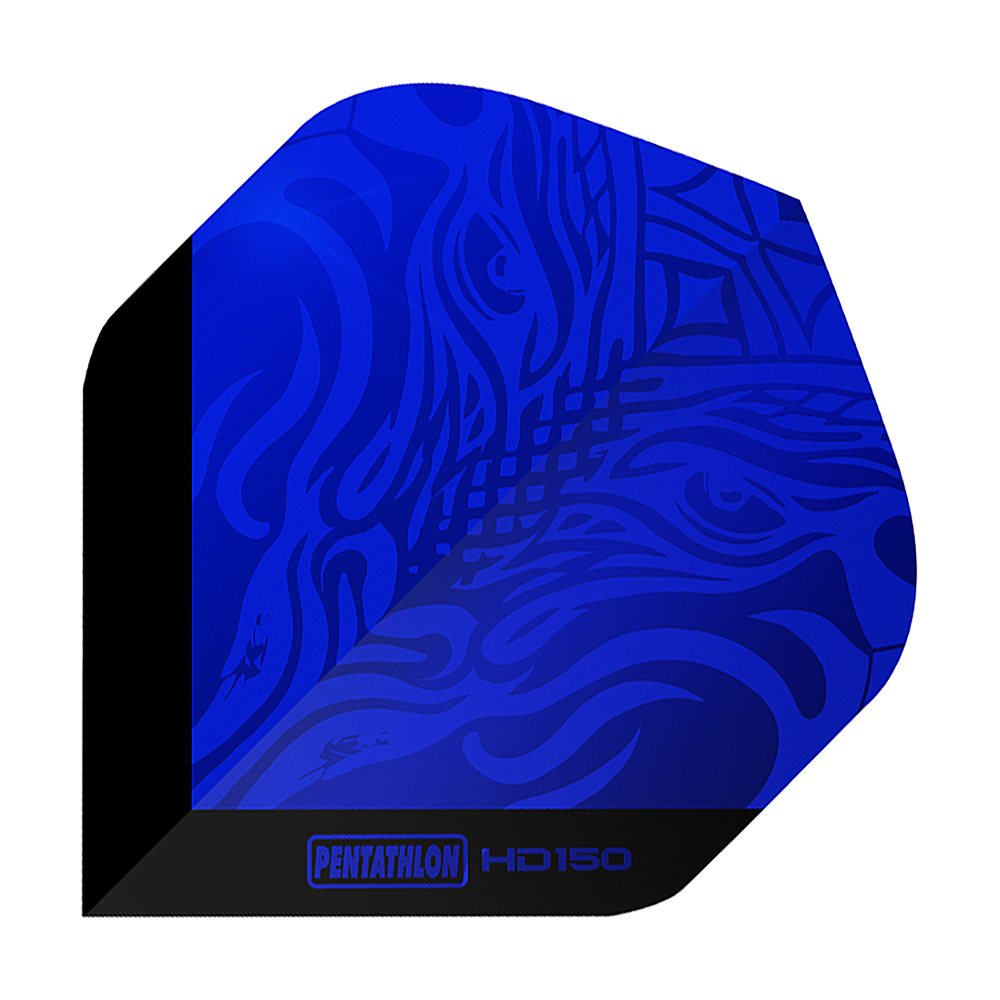 Pentathlon HD150 Metallic Blue Standard Flights Das Bild zeigt ein Dartflight in metallisch blau mit künstlerischem Muster. Unten steht der Schriftzug „PENTATHLON HD150“.