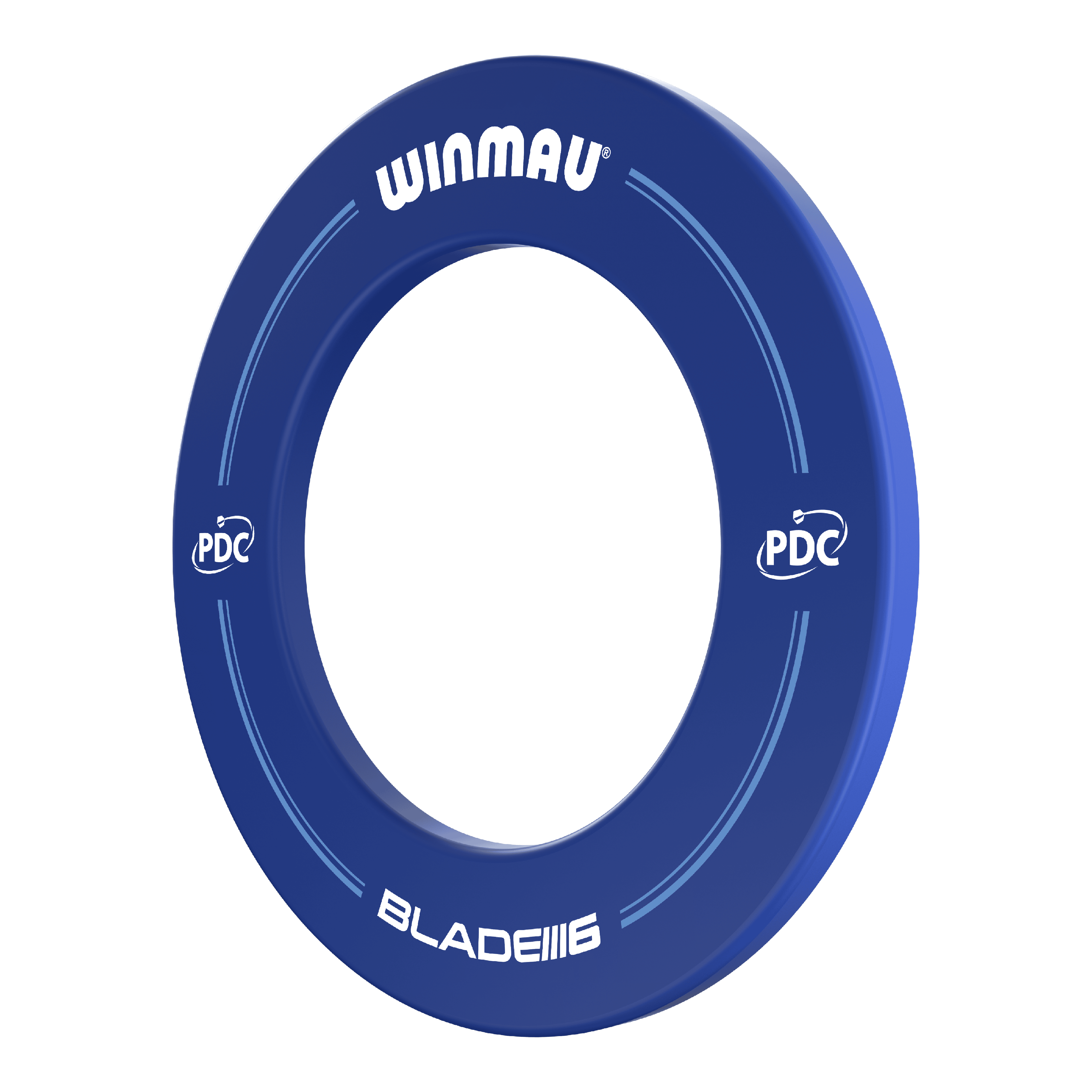 Winmau PDC Dartboard Surround - Blue Das Bild zeigt einen blauen Dartboard-Surround der Marke Winmau mit der Aufschrift "PDC" und "Blade 6". Er schützt die Wand rund um die Dartscheibe vor Treffern.