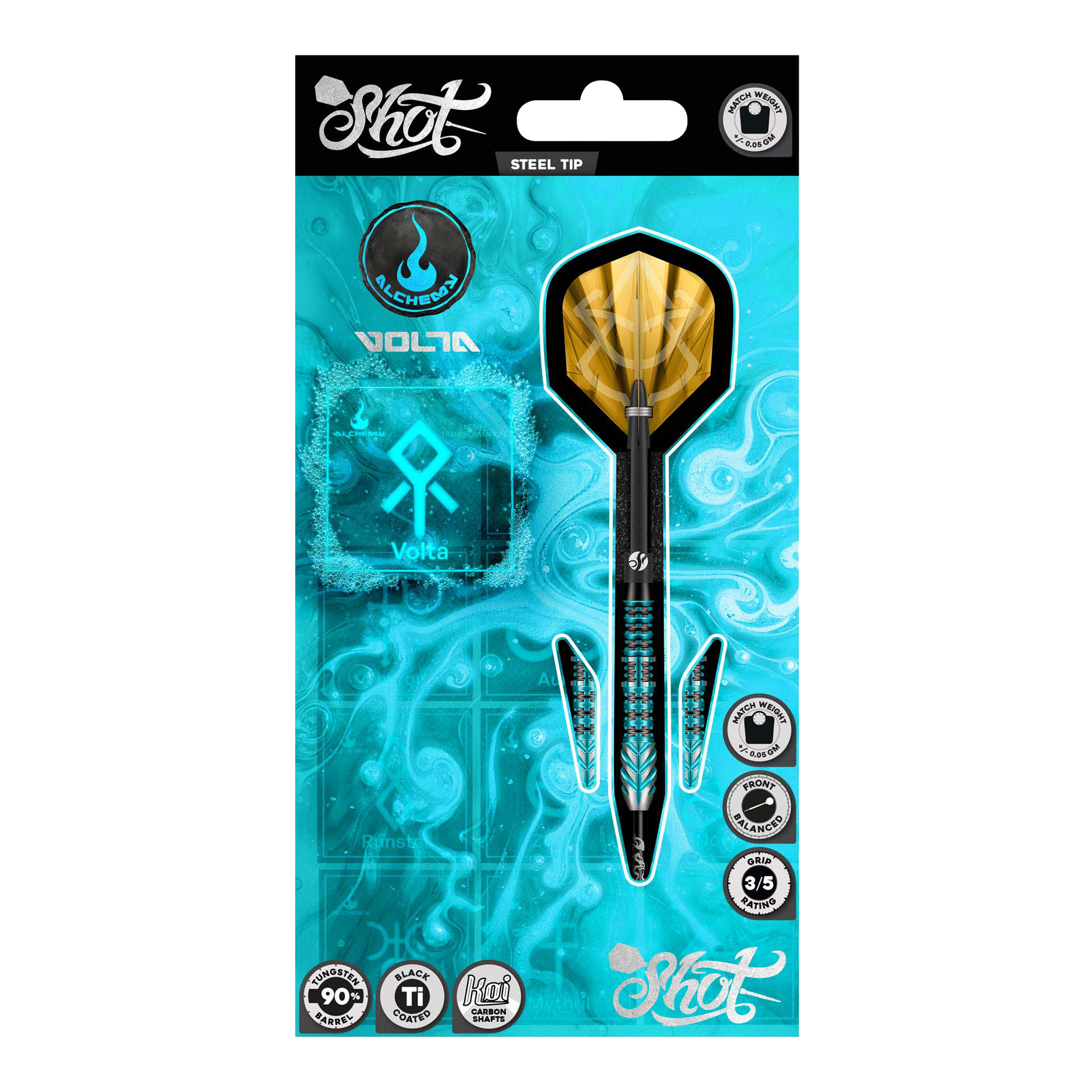 Shot Alchemy Volta steel darts Gezeigt werden die Shot Alchemy Volta Steeldarts. Das Produkt ist zum Spielen auf Steeldart-Scheiben geeignet.