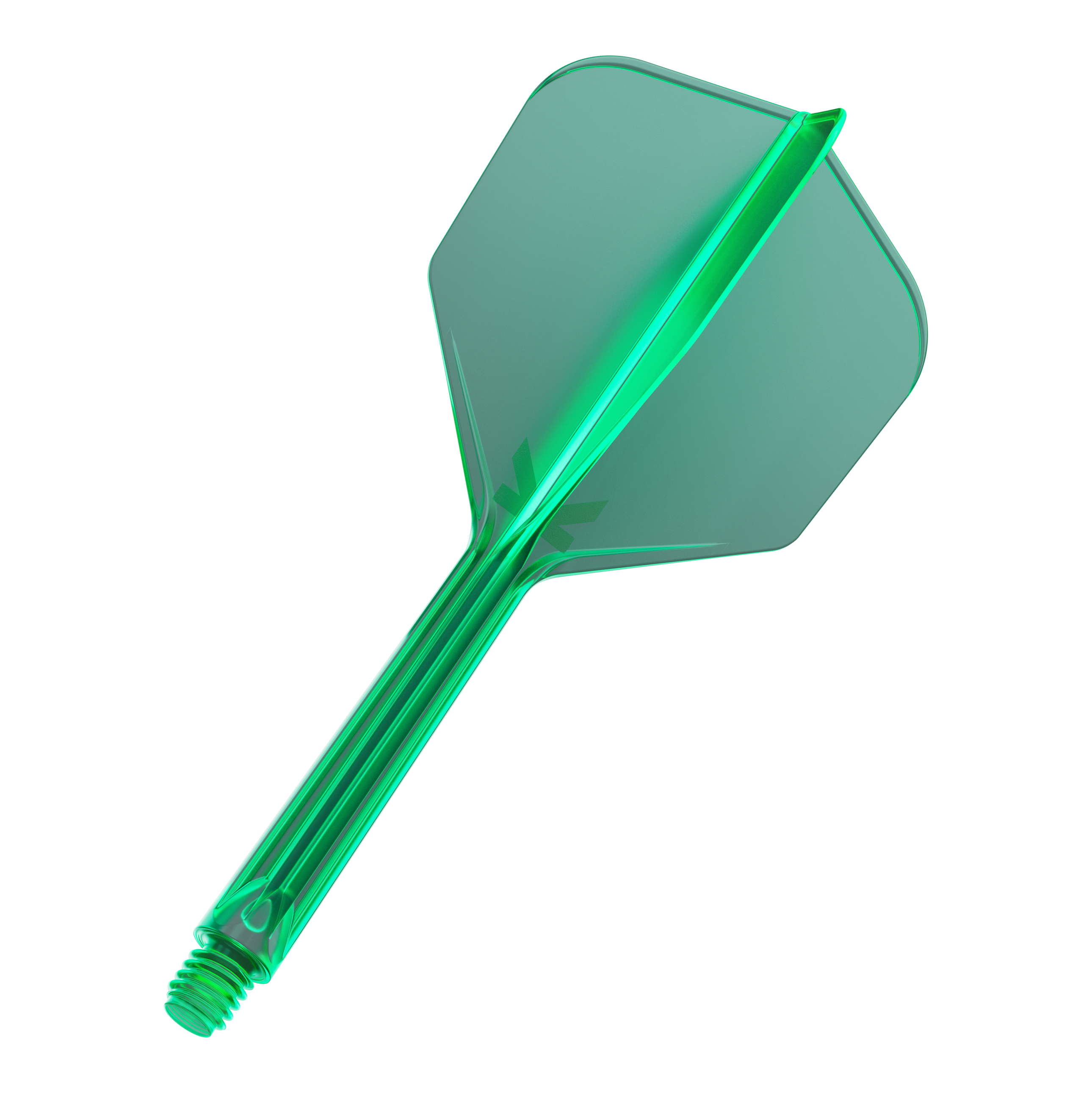 Das Bild zeigt einen grünen Dart-Flügel mit Schaft. Er ist transparent und hat eine Schraubverbindung am unteren Ende.