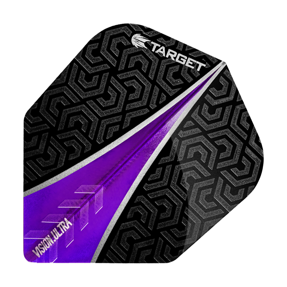 TG56_331000_Target_Vision_Ultra_Purple_No6_Flights_15SBgBCwjRRXcN Das Bild zeigt ein Target Vision Ultra Purple No6 Flight für Dartpfeile. Das Flight ist schwarz mit einem auffälligen lila Muster und geometrischem Design.