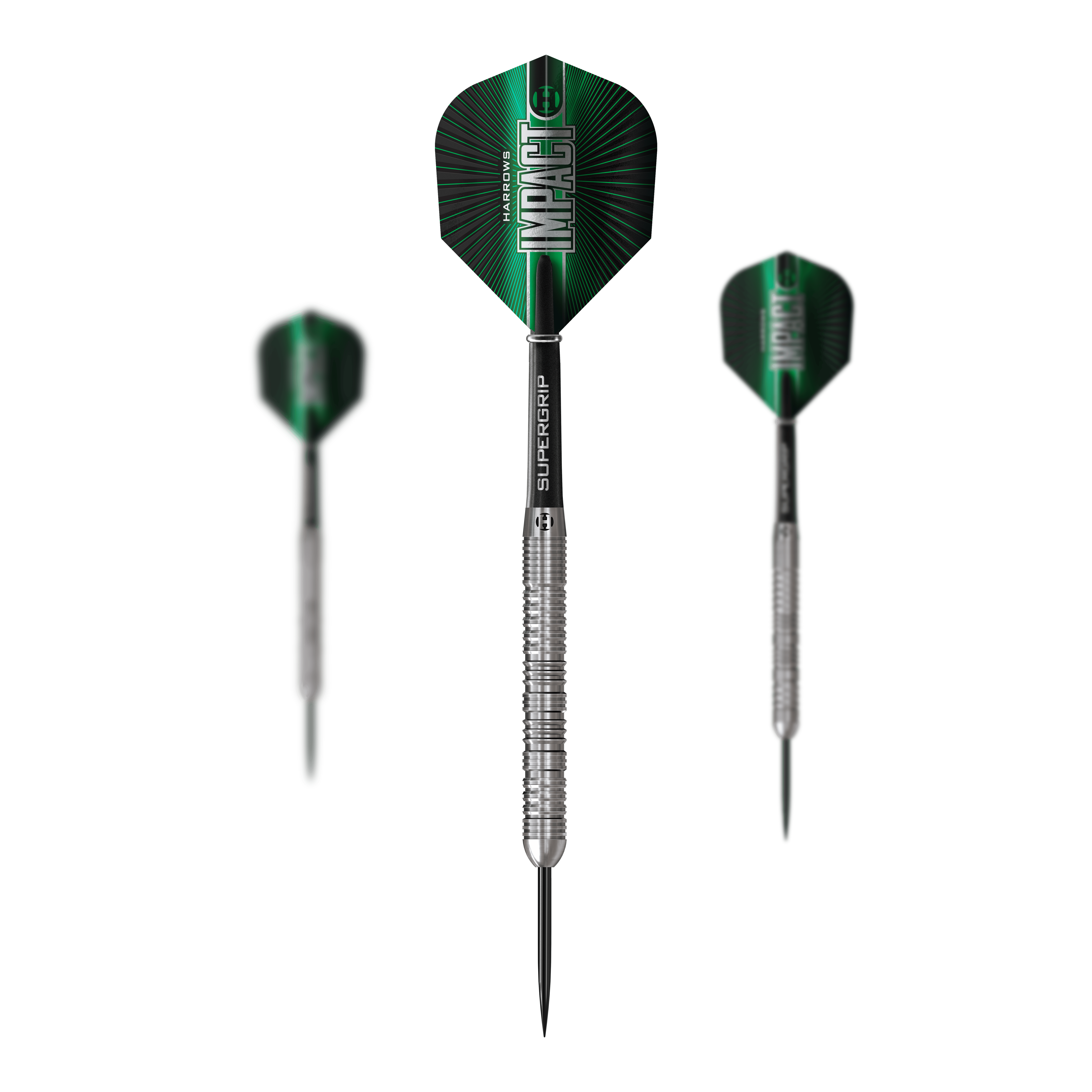 Harrows Impact Steel Darts Dieses Bild präsentiert ein Set Harrows Impact Steeldarts. Das Set umfasst mehrere Darts für Steeldartspiele.