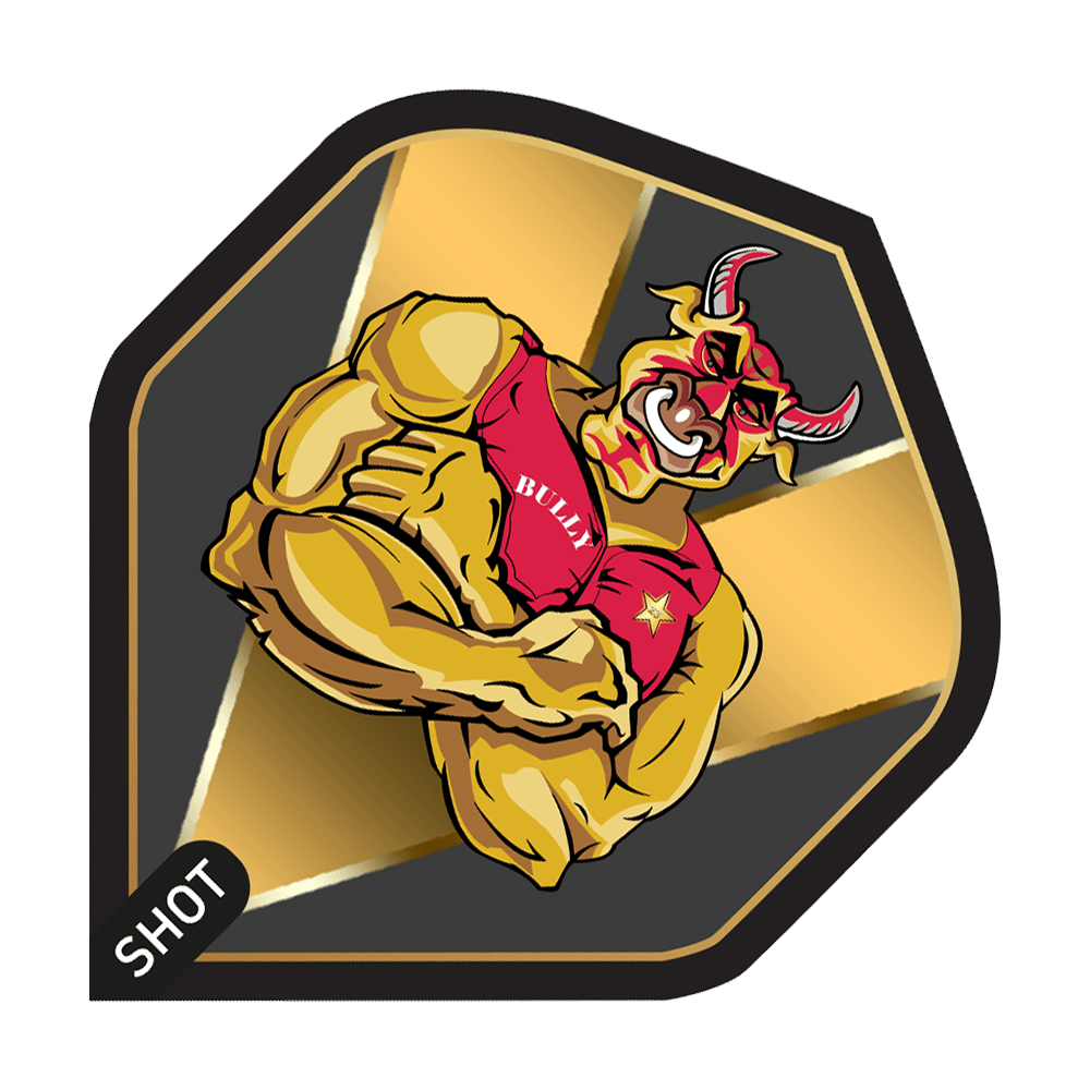 Shot Michael Smith Bully Boy Gold Standard Flights Das Bild zeigt ein Dartflight-Design mit einem muskulösen Stier im roten Trikot, auf dem "BULLY" steht. Im Hintergrund sind goldene und schwarze Farbakzente sowie das Logo "SHOT" zu sehen.