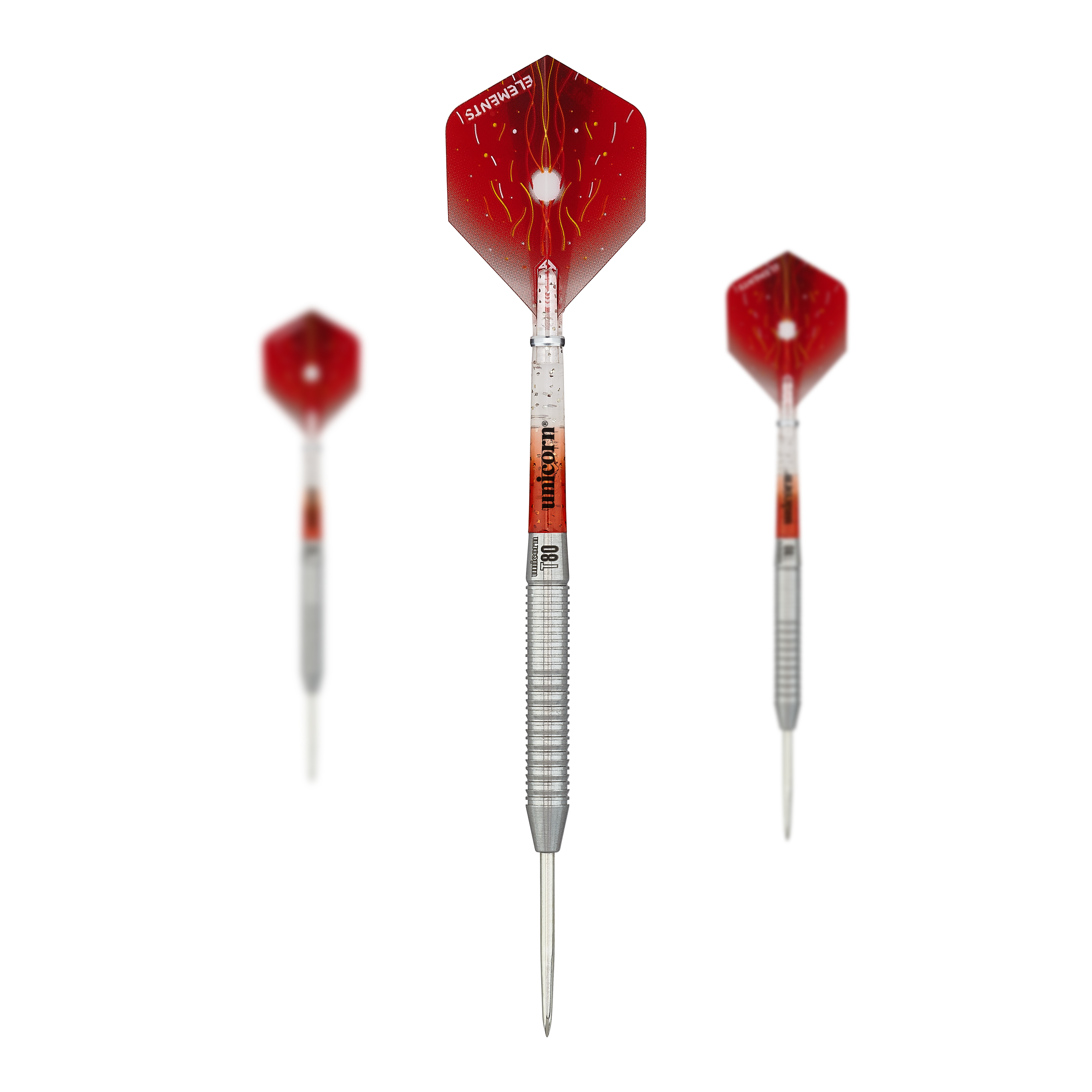 Das Bild zeigt drei Steeldarts des Produkts "Unicorn Core XL Striker Style 1" mit einem Gewicht von 22g. Die Darts haben silberne Spitzen und Schäfte sowie rote Flights mit einem auffälligen Muster.