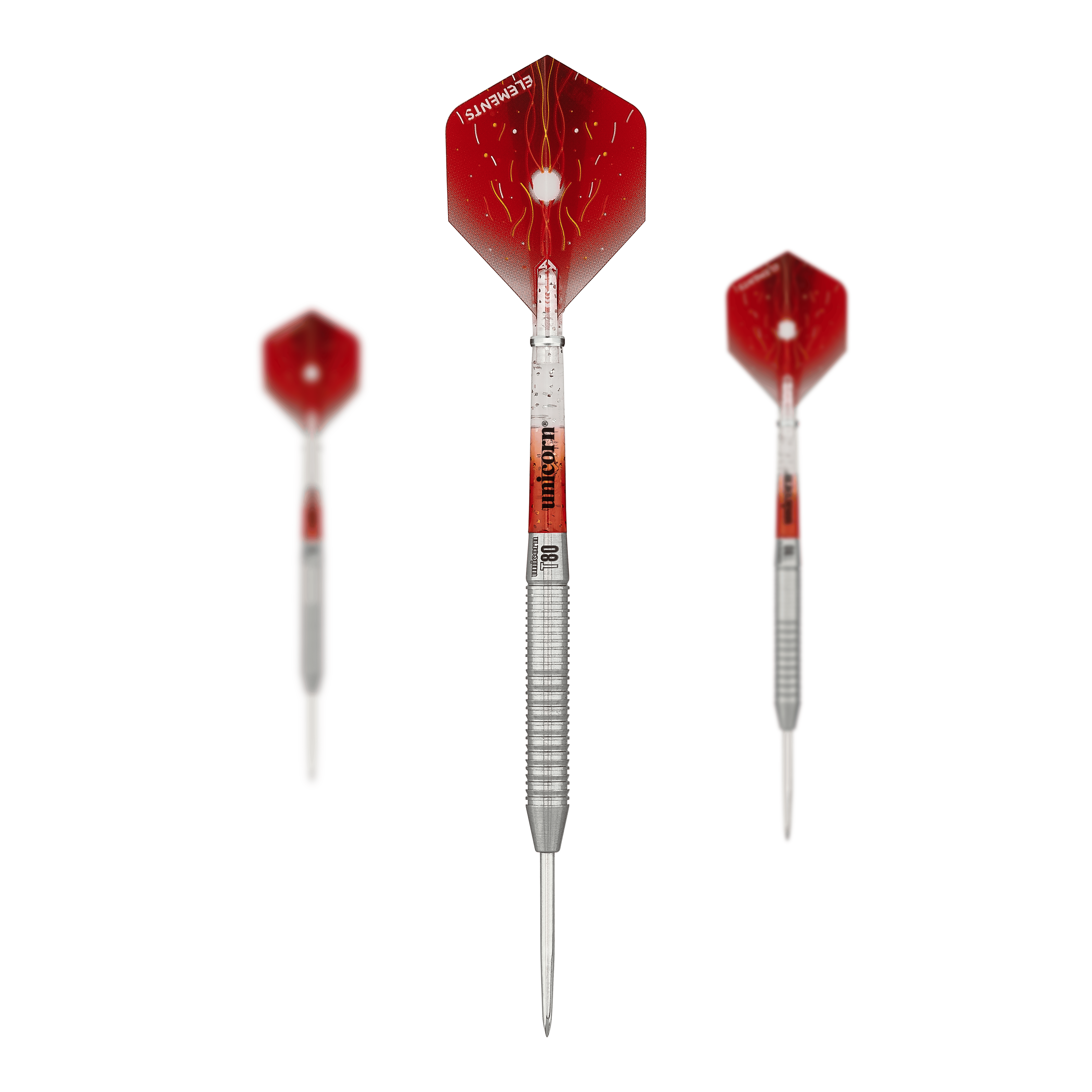 Unicorn Core XL Striker Style 1 Steeldarts - 22g Das Bild zeigt drei Steeldarts des Produkts "Unicorn Core XL Striker Style 1" mit einem Gewicht von 22g. Die Darts haben silberne Spitzen und Schäfte sowie rote Flights mit einem auffälligen Muster.