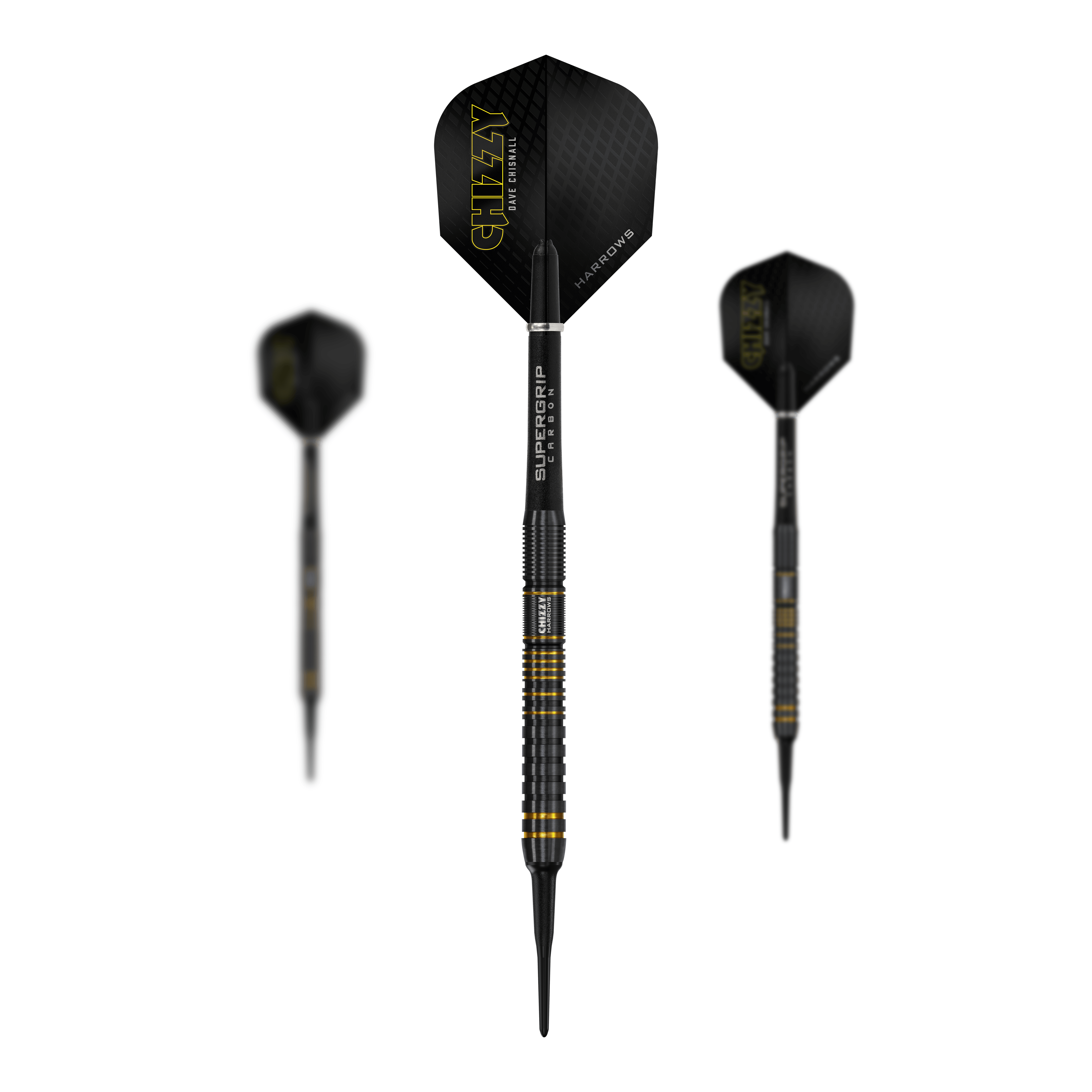 Harrow's Dave Chisnall Chizzy Series 3 soft darts Das Bild zeigt drei Softdarts der Marke Harrows aus der Dave Chisnall Chizzy Series 3. Die Darts haben schwarze Flights mit gelber Aufschrift und schwarzen Schäften mit gelben Akzenten.