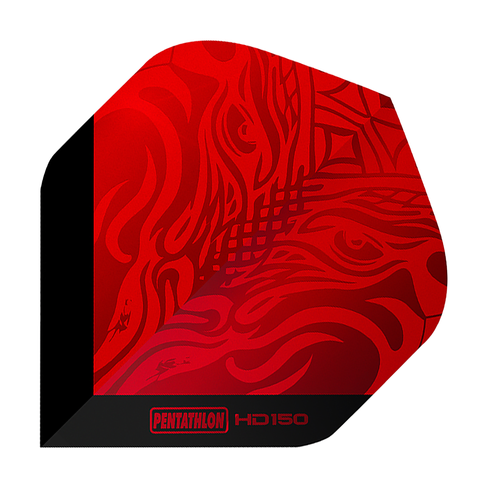 Pentathlon HD150 Metallic Red Standard Flights Das Bild zeigt ein rotes Dartflight mit einem abstrakten Muster. Unten steht der Schriftzug „Pentathlon HD150“.