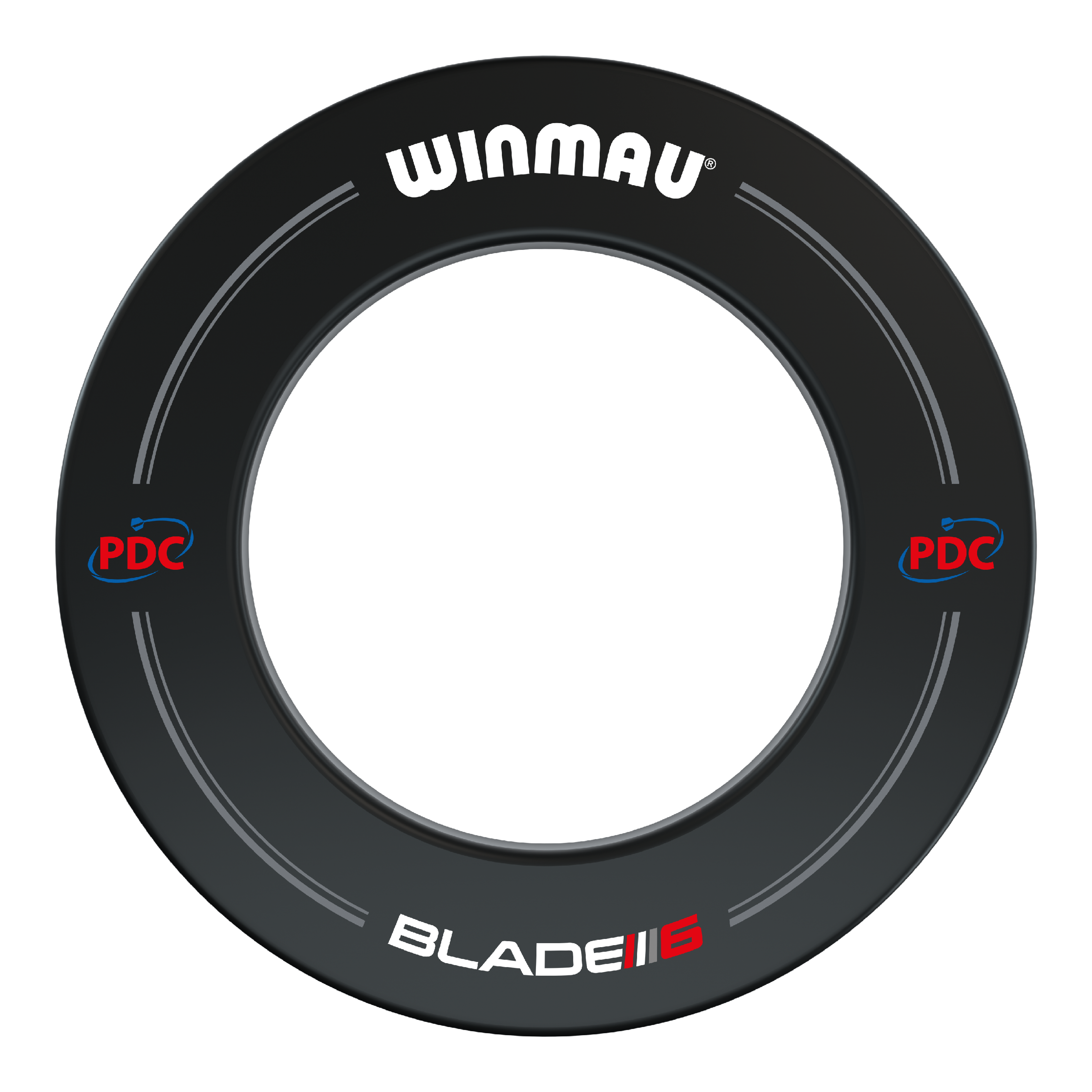 Winmau PDC Dartboard Surround - Black Das Bild zeigt einen schwarzen Winmau PDC Dartboard Surround. Auf dem Surround sind die Logos von Winmau, PDC und Blade 5 zu sehen.